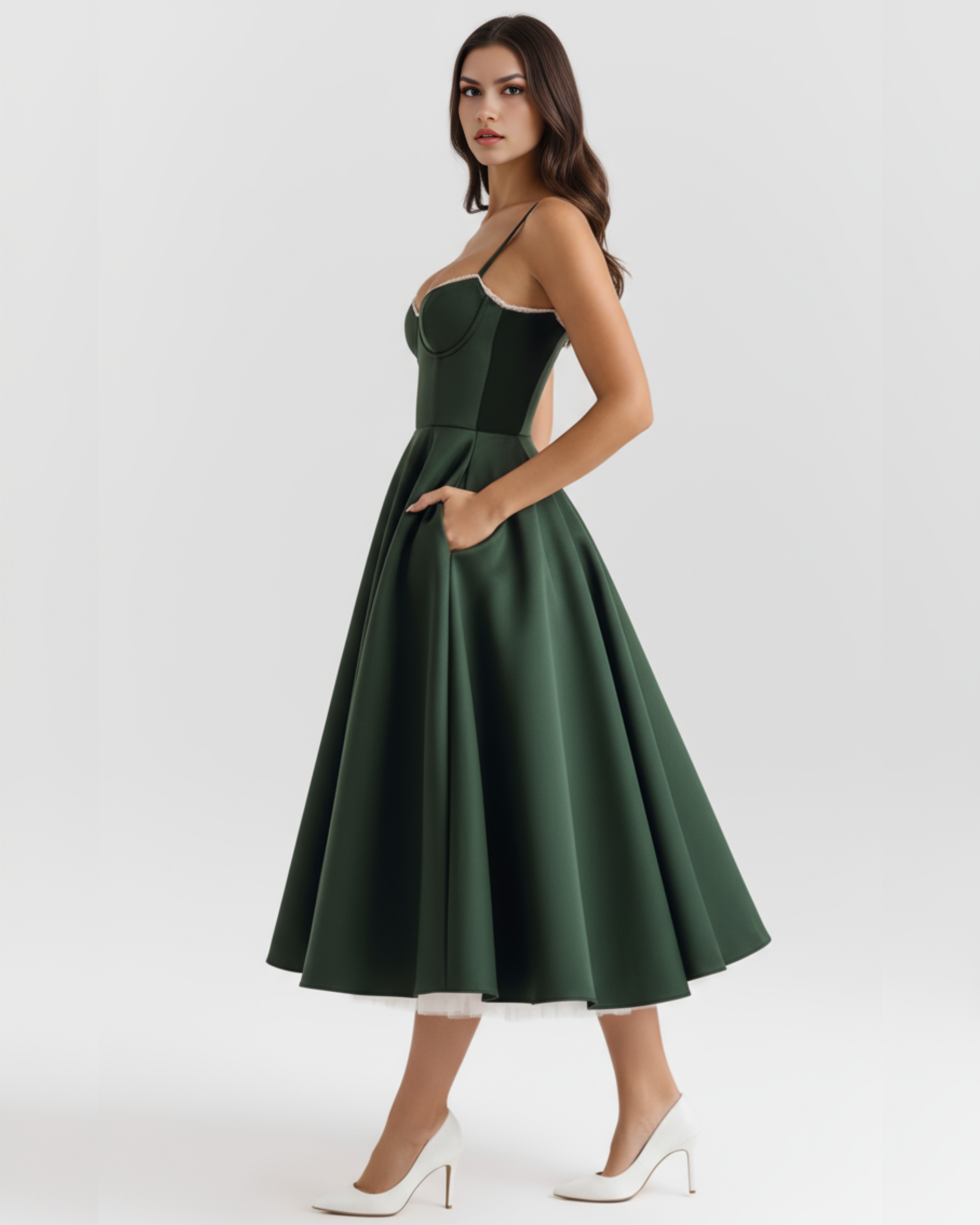 Midi Dress | Satin Feel, Boned Bodice, Weddings & Parties ICYBOO