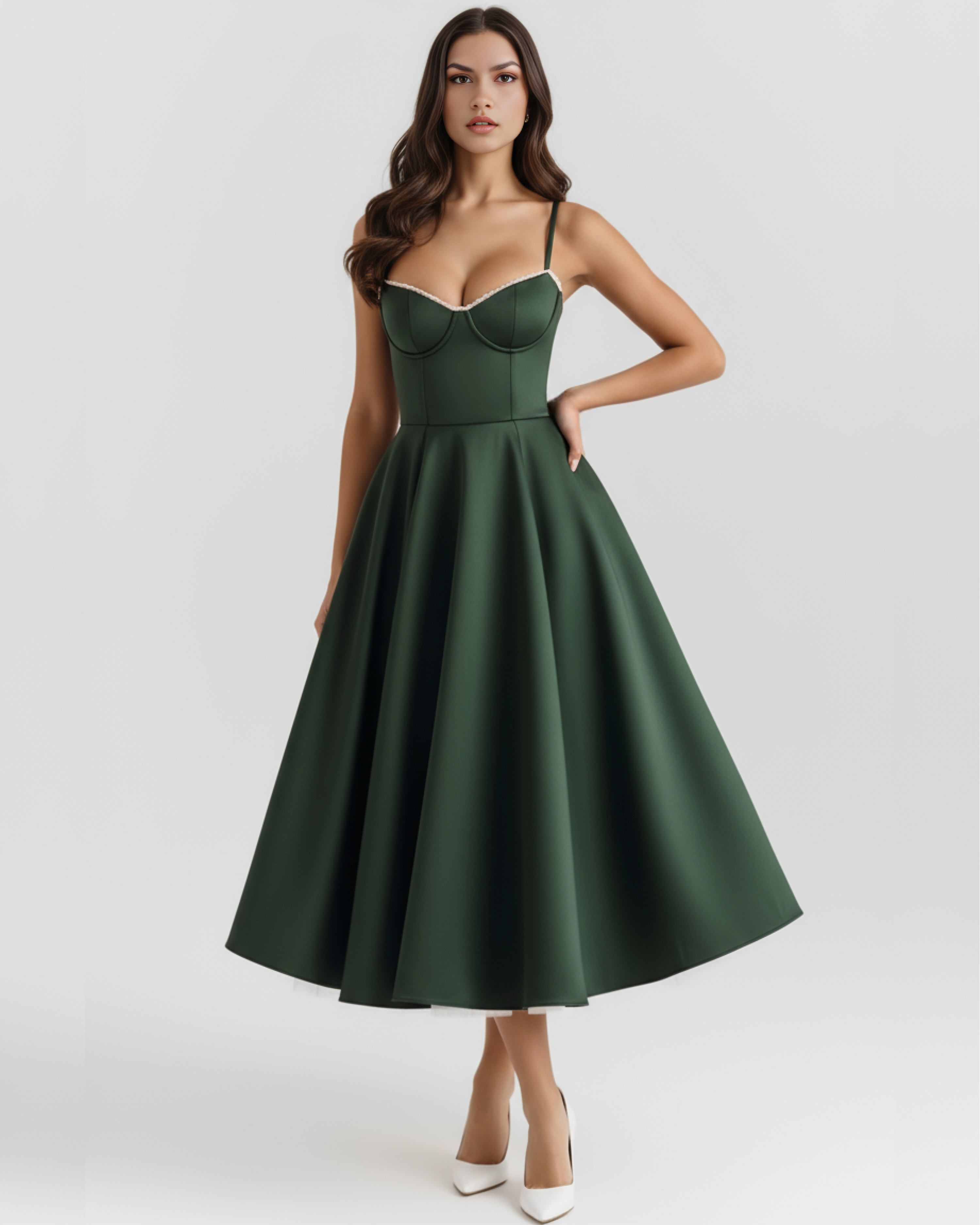 Midi Dress | Satin Feel, Boned Bodice, Weddings & Parties ICYBOO