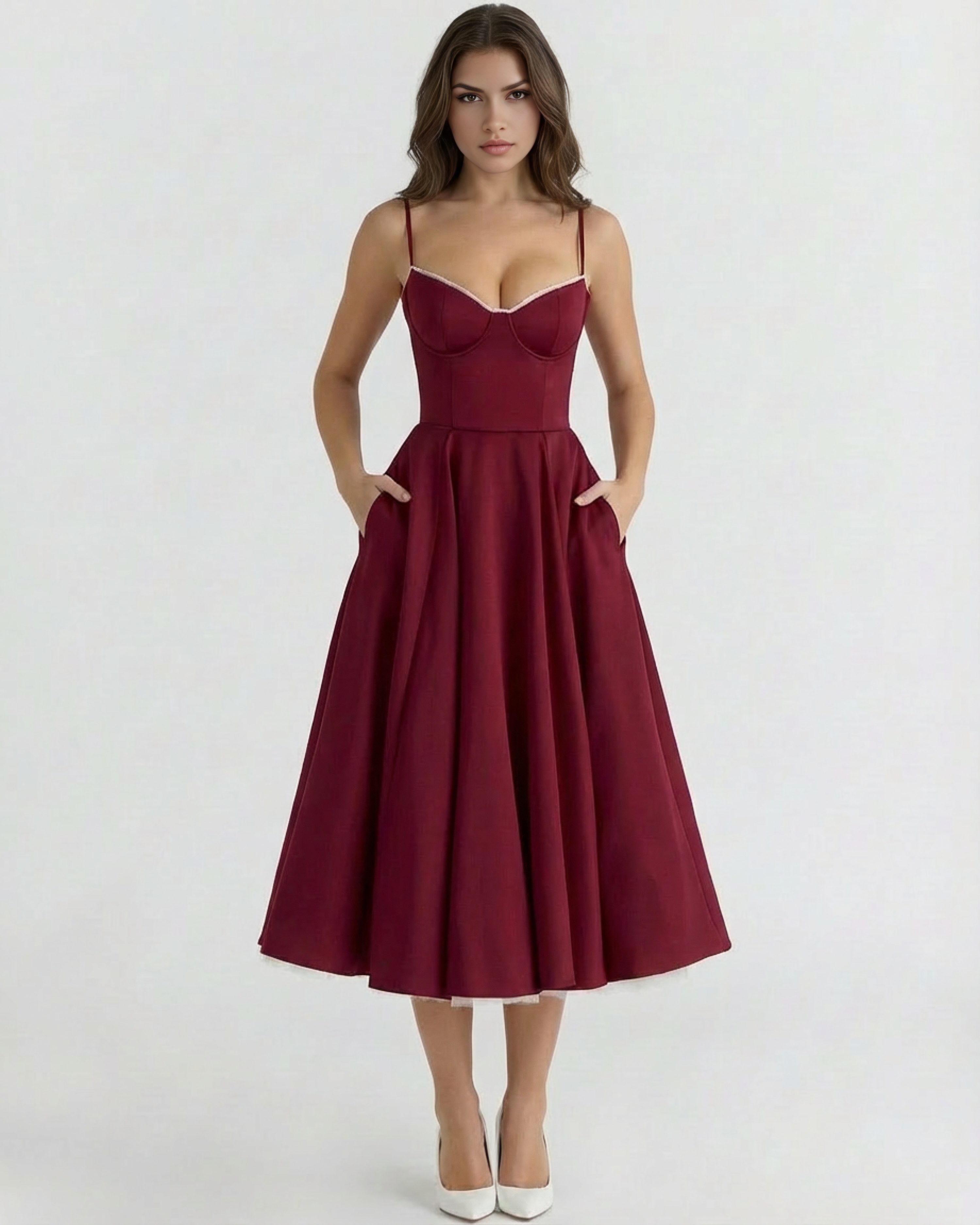 Midi Dress | Satin Feel, Boned Bodice, Weddings & Parties ICYBOO