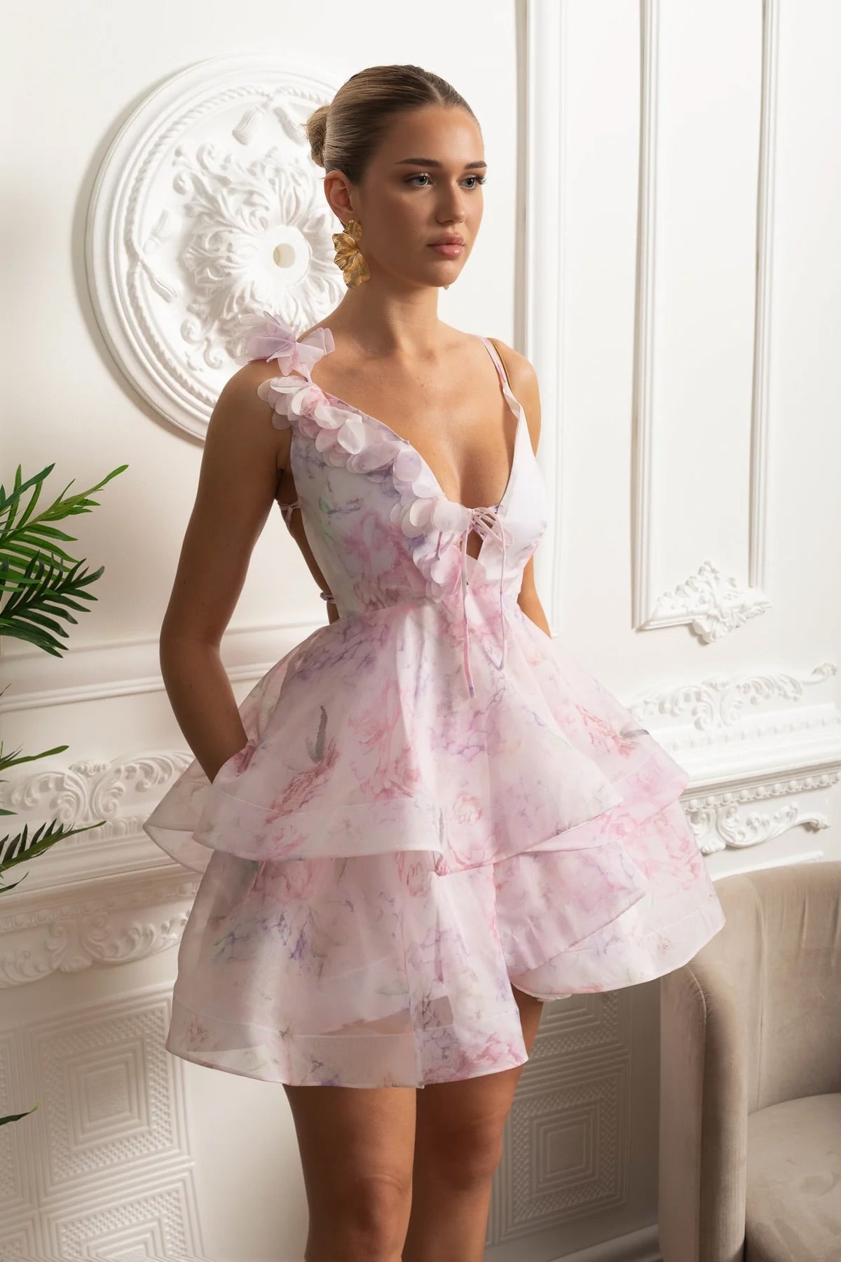 Organza Asymmetric Mini Dress With Floral Appliqué And Tiered Ruffle Skirt - Pink - ICYBOO