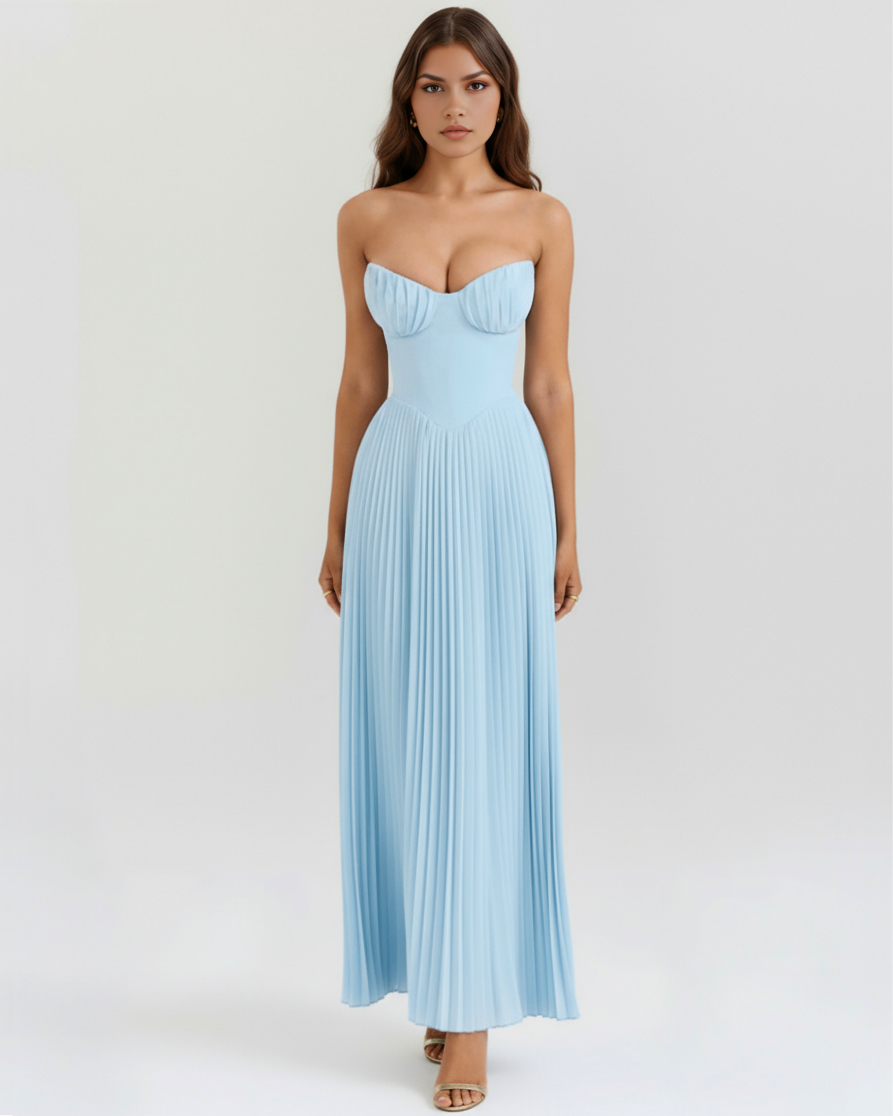 Ocean Blue Georgette Maxi Dress | Shell Pleats, Boned Bodice, Romantic Events ICYBOO