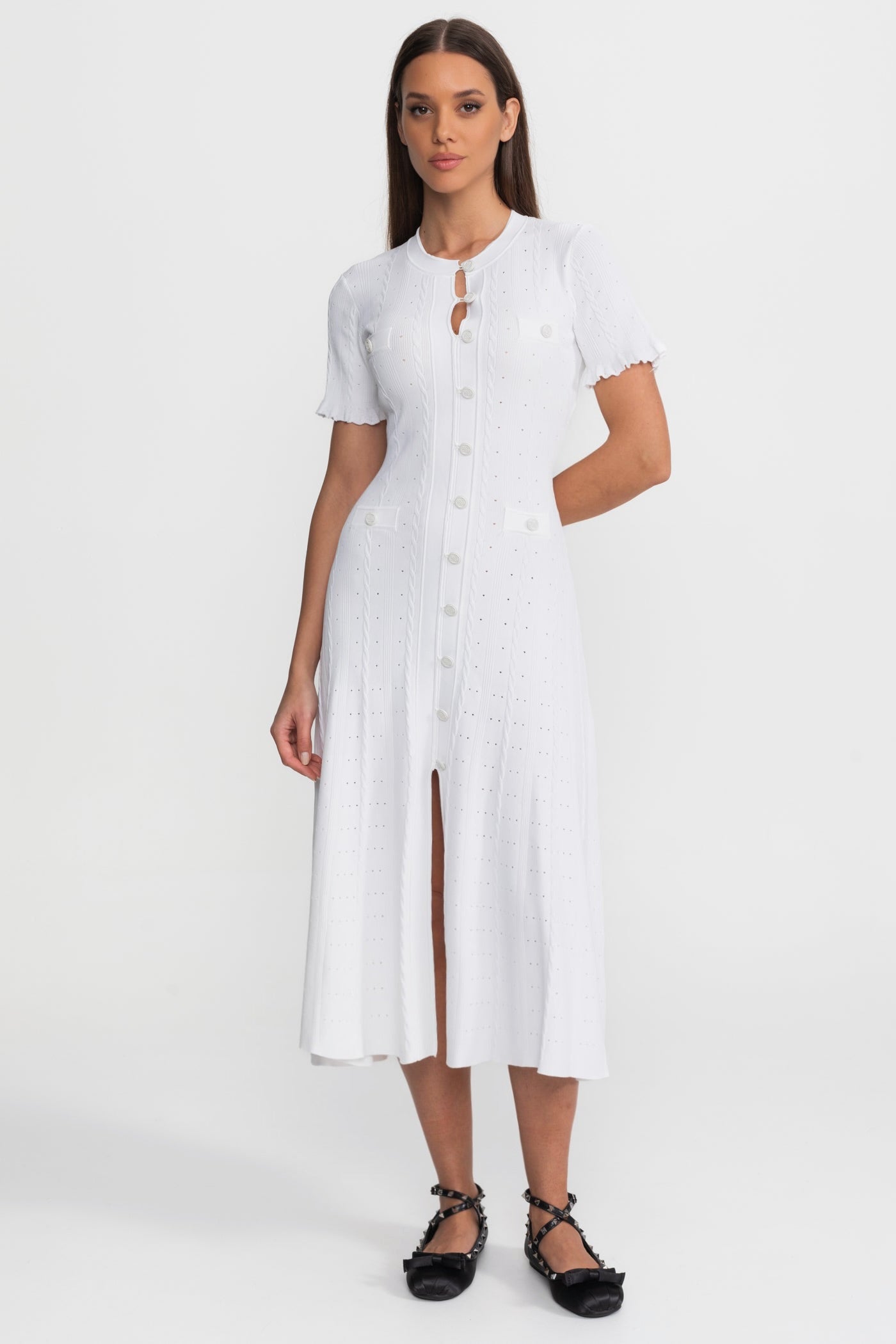 Knit Button-Front Midi Dress with Scalloped Sleeves – White - ICYBOO
