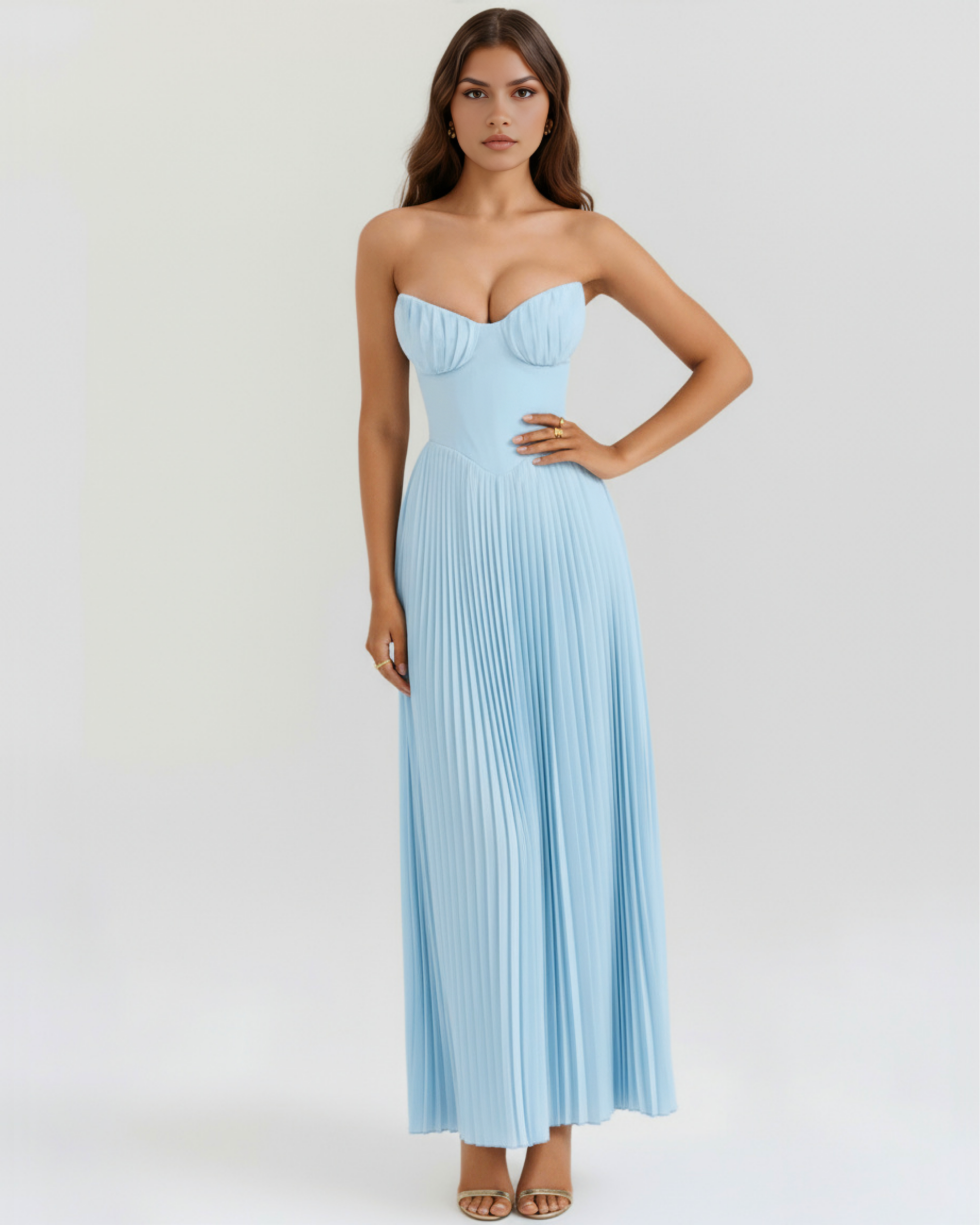 Ocean Blue Georgette Maxi Dress | Shell Pleats, Boned Bodice, Romantic Events ICYBOO