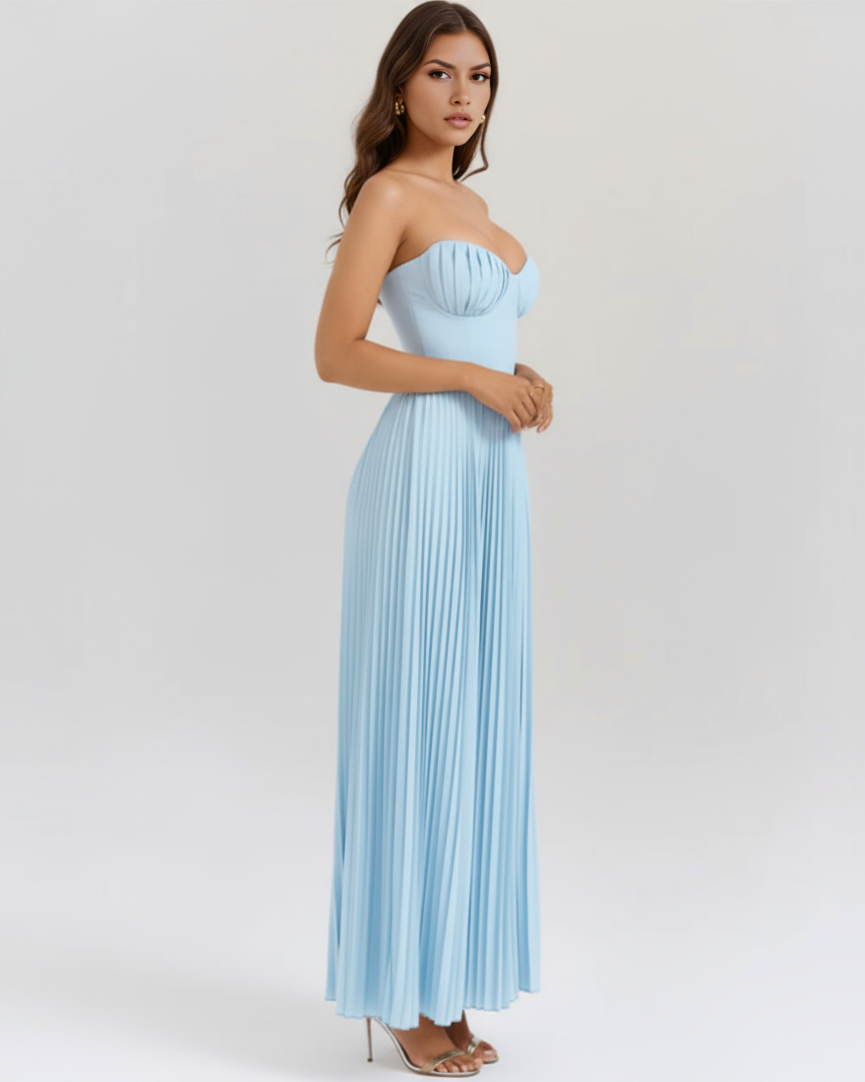 Ocean Blue Georgette Maxi Dress | Shell Pleats, Boned Bodice, Romantic Events ICYBOO