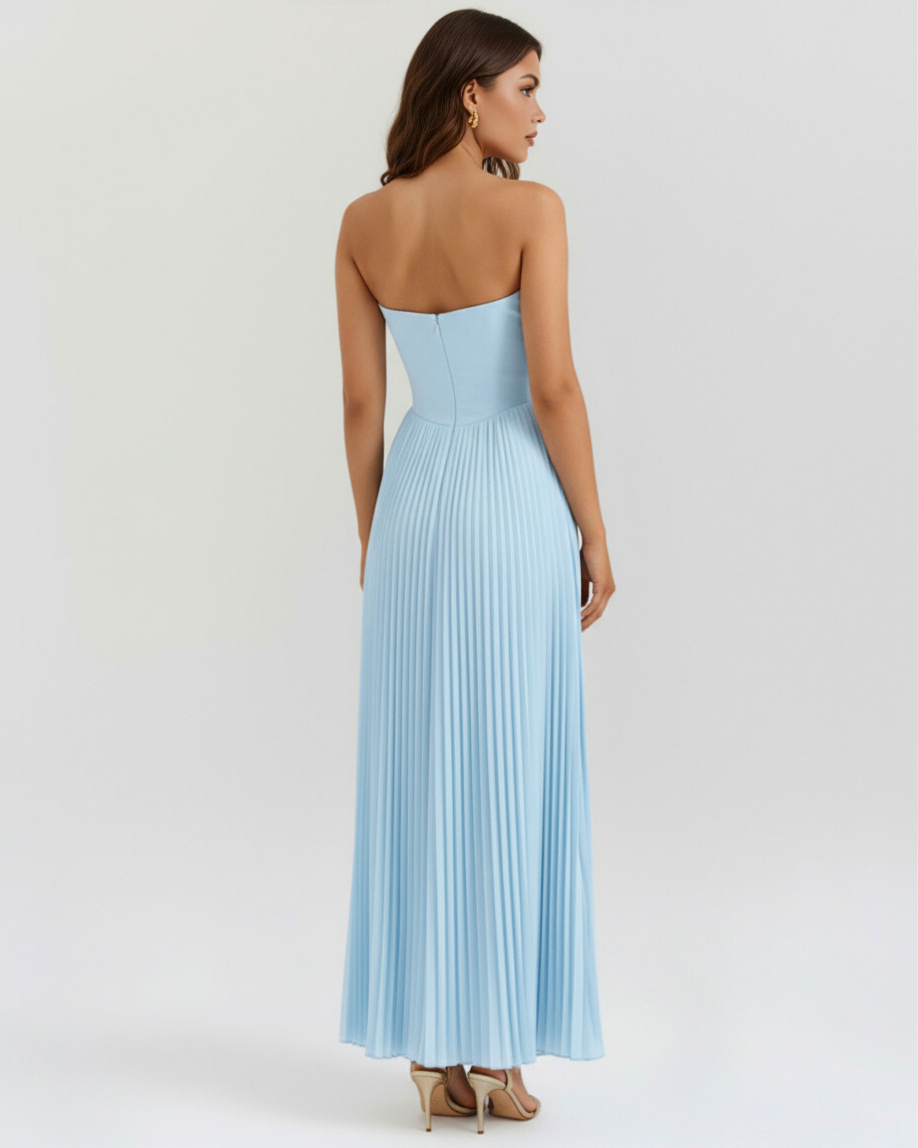 Ocean Blue Georgette Maxi Dress | Shell Pleats, Boned Bodice, Romantic Events ICYBOO