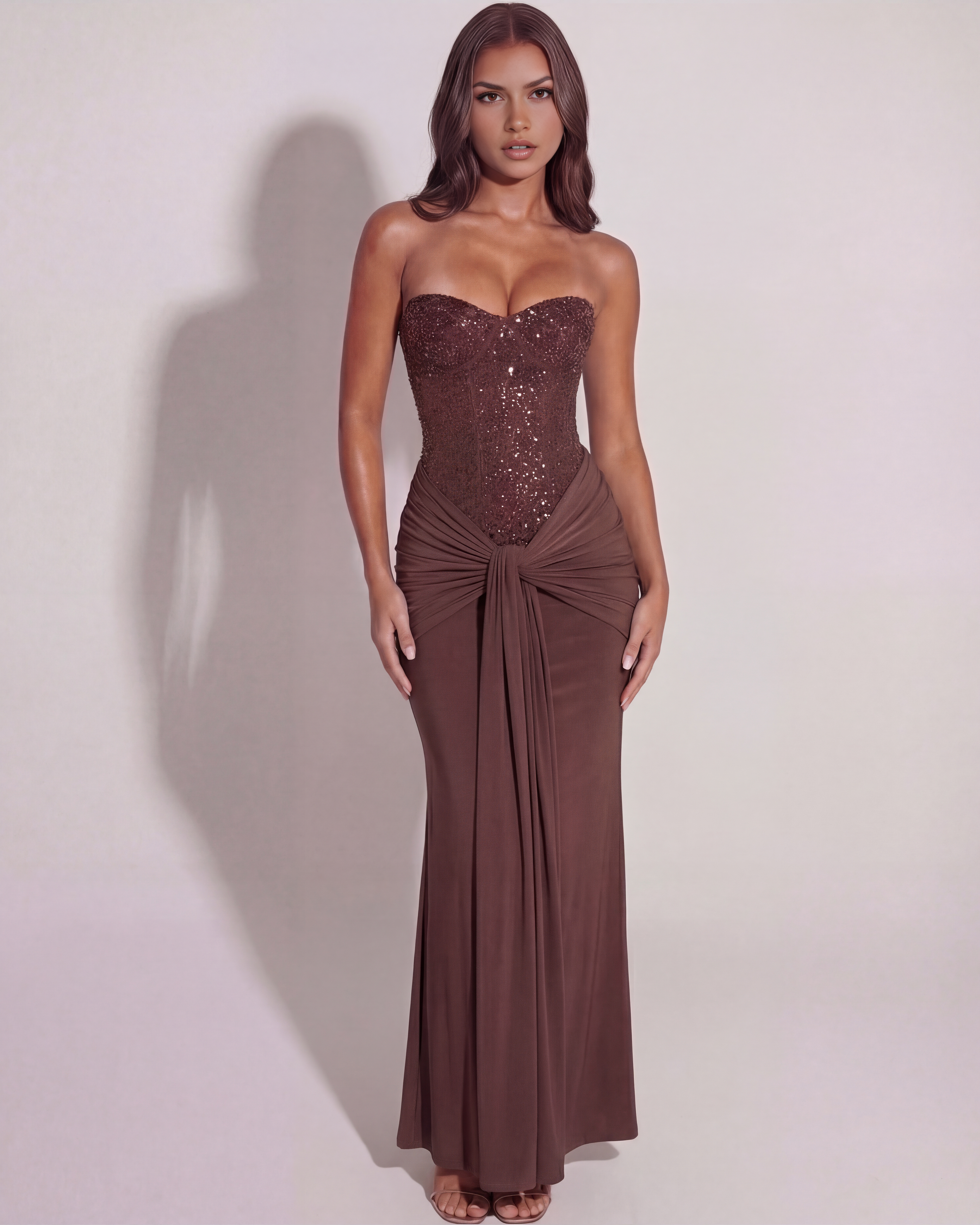 Maxi Gown | Plum-Brown Embellished Mesh, Strapless, Black-Tie Events ICYBOO