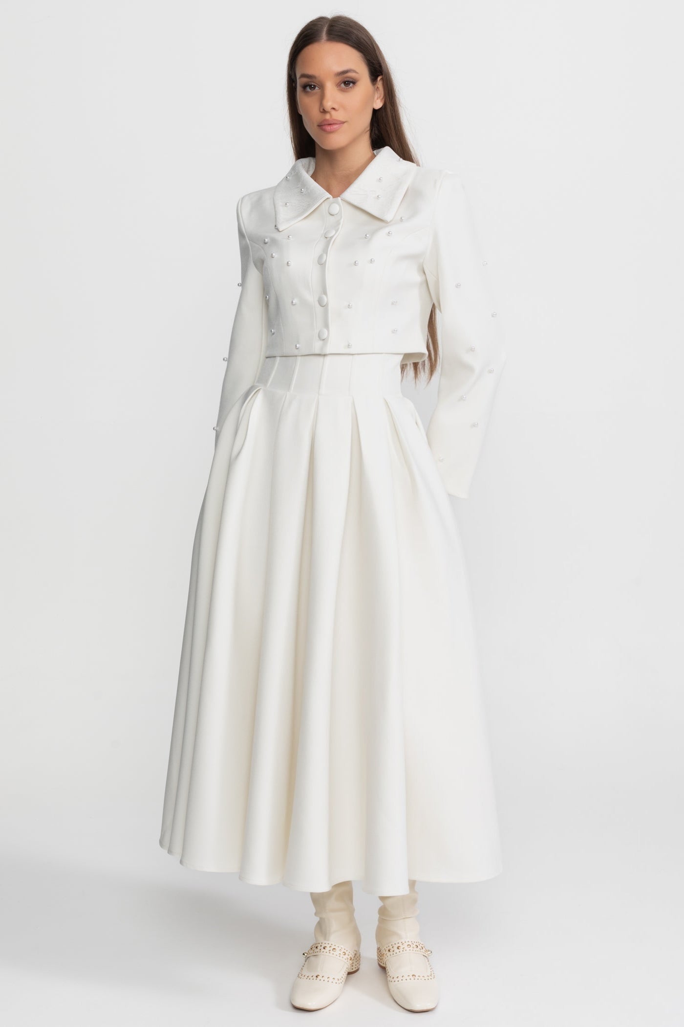 Pearl-Embellished Co-Ord Set with Cropped Jacket and Full Skirt – White - ICYBOO