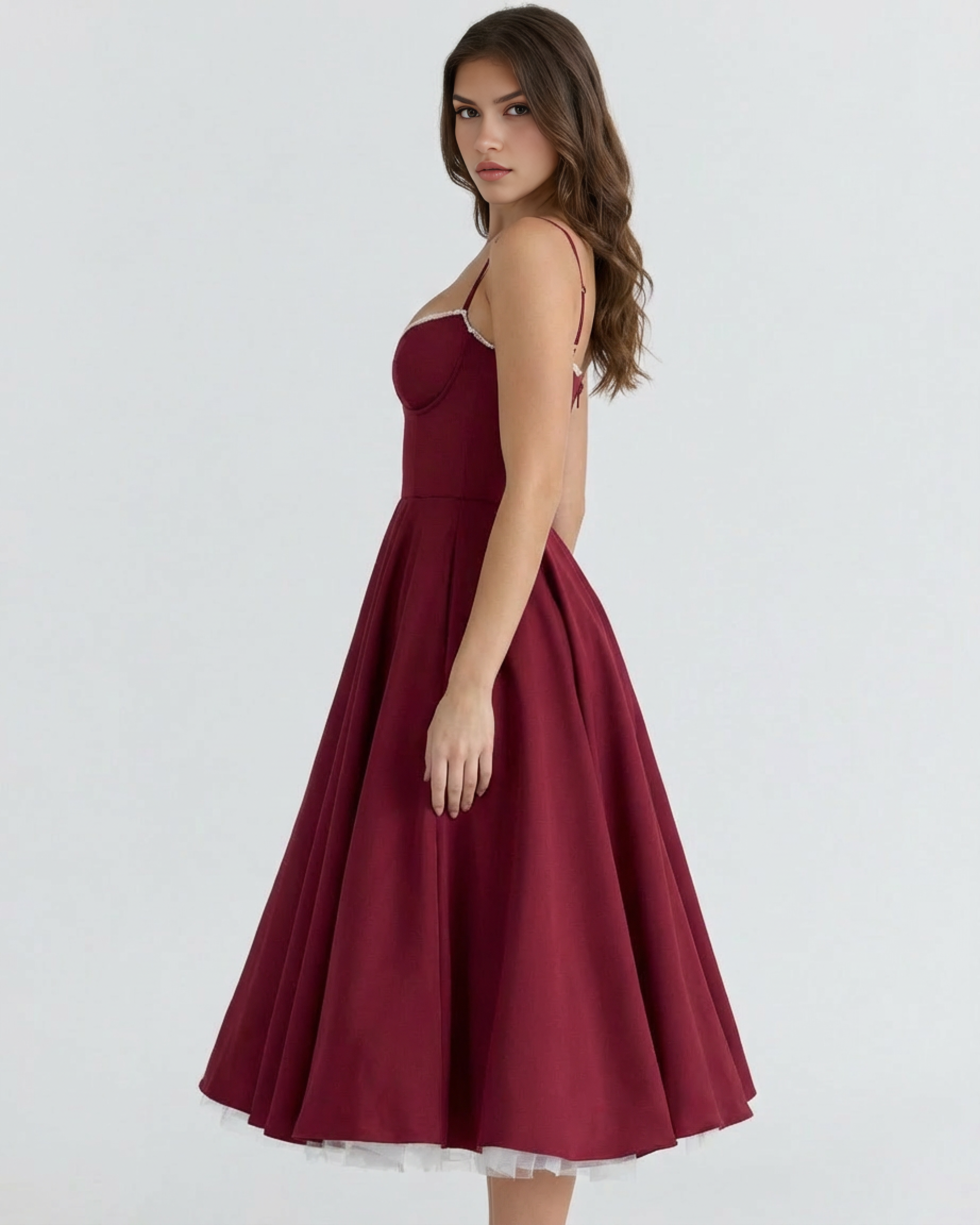 Midi Dress | Satin Feel, Boned Bodice, Weddings & Parties ICYBOO