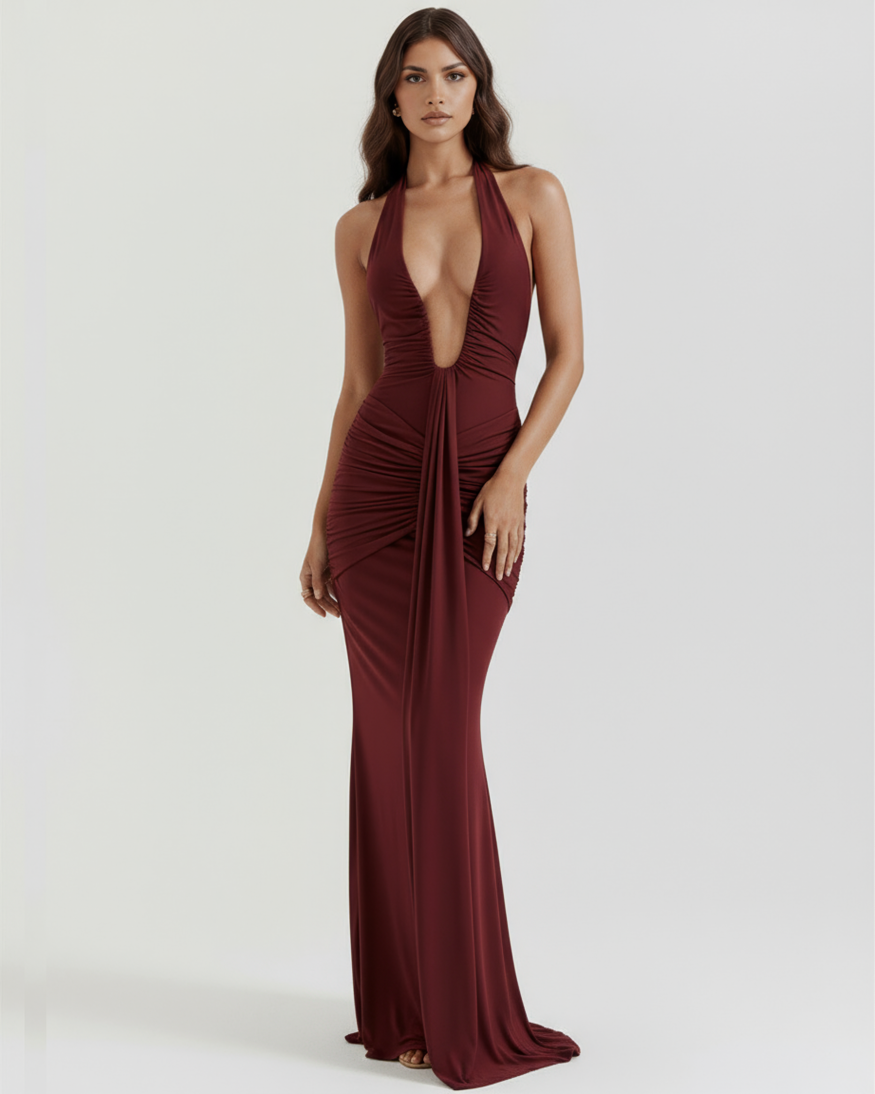 Maxi Dress | Burgundy Halter Neck, Ruched Details, Glamorous Events ICYBOO