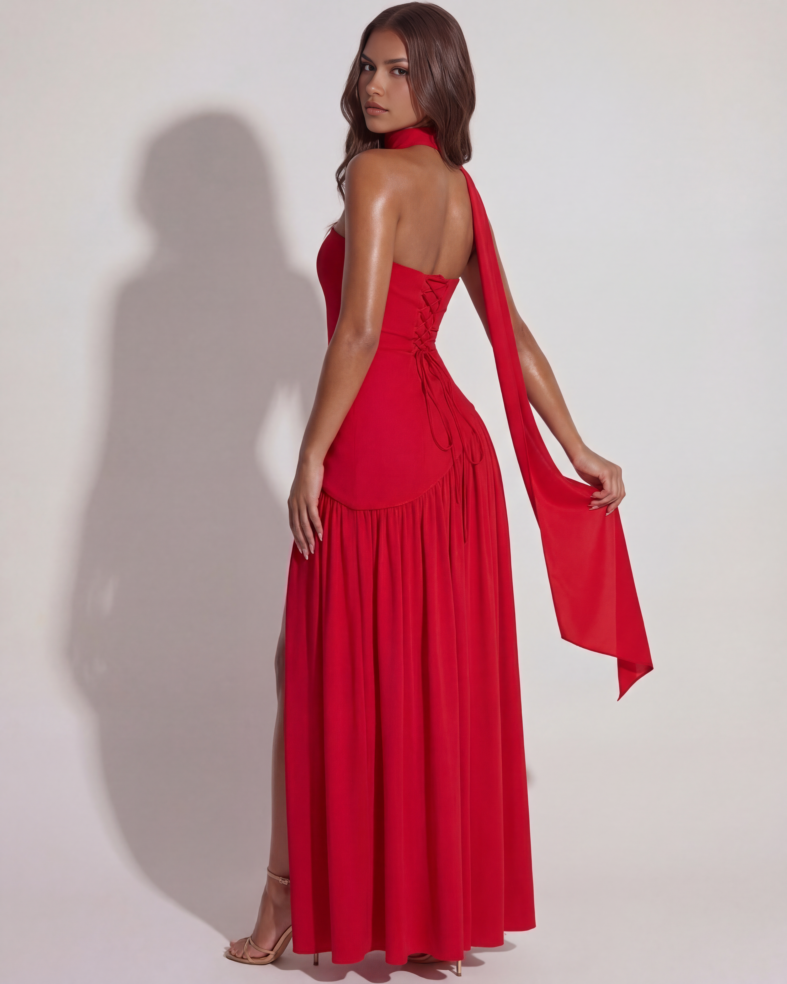 Maxi Dress | Strapless Red Crepe, Asymmetrical Design, Formal Events ICYBOO