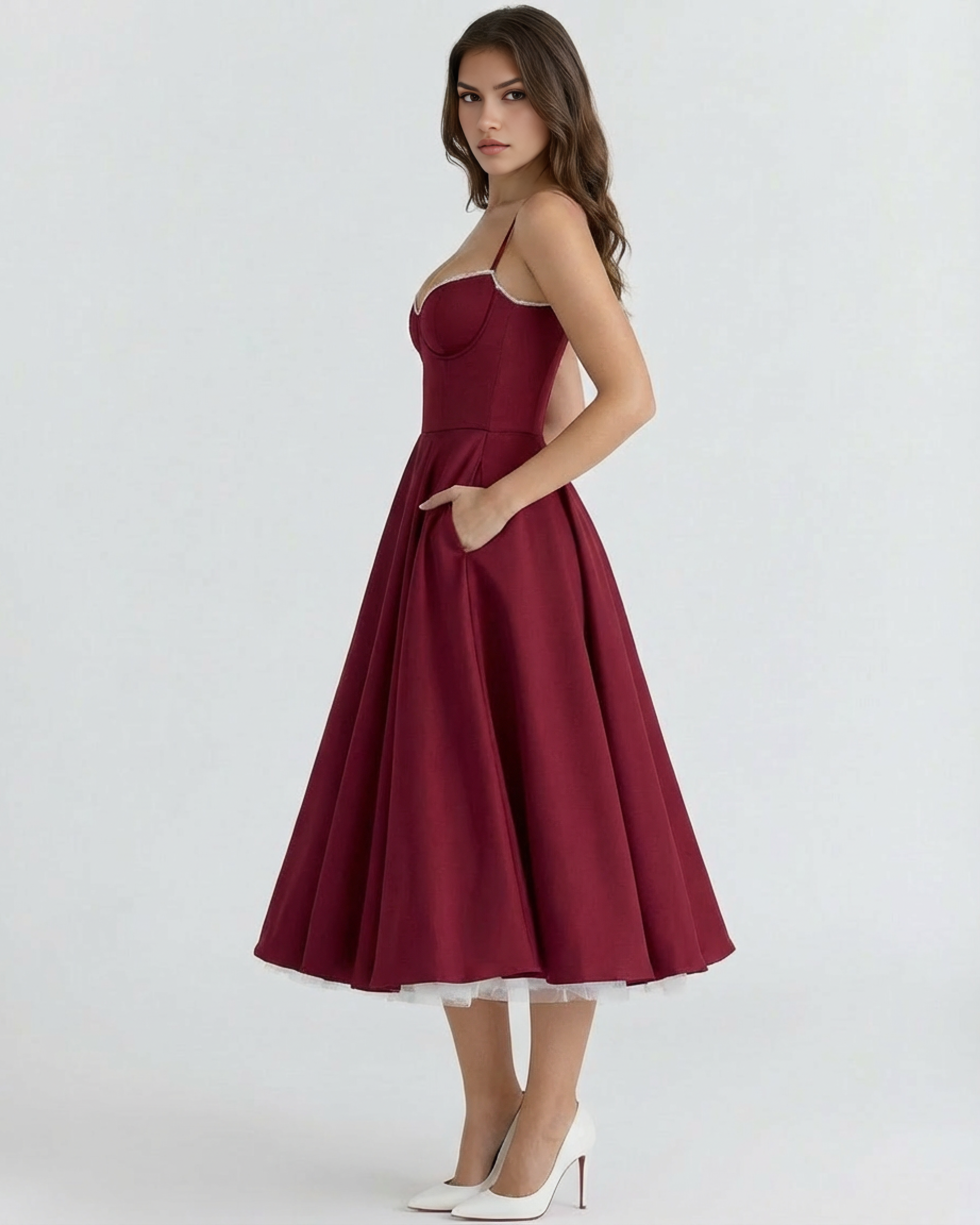 Midi Dress | Satin Feel, Boned Bodice, Weddings & Parties ICYBOO