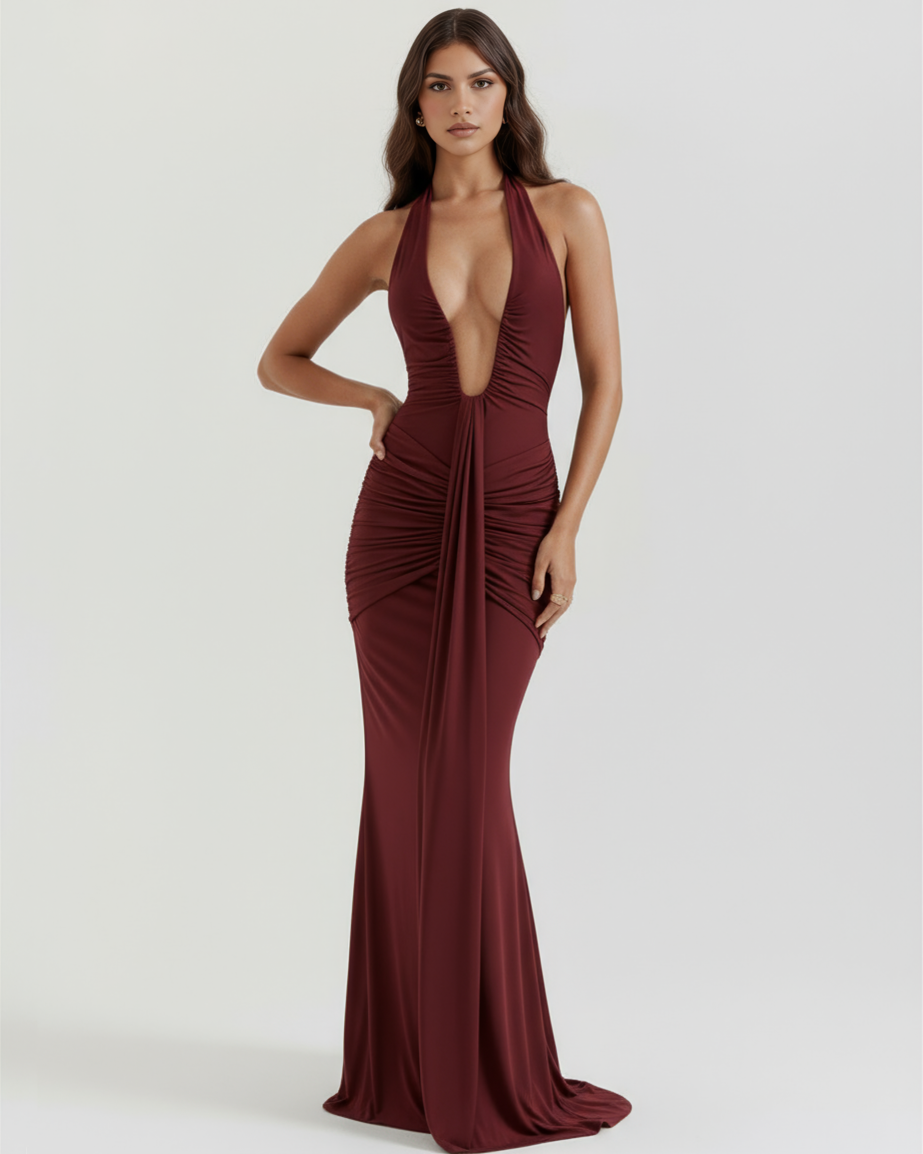 Maxi Dress | Burgundy Halter Neck, Ruched Details, Glamorous Events ICYBOO