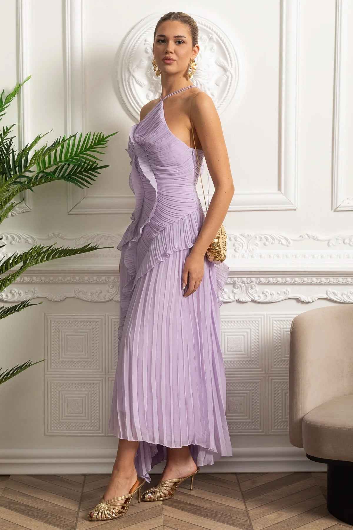 Pleated Halter Midi Dress With Cascading Ruffle Details - Lavender
