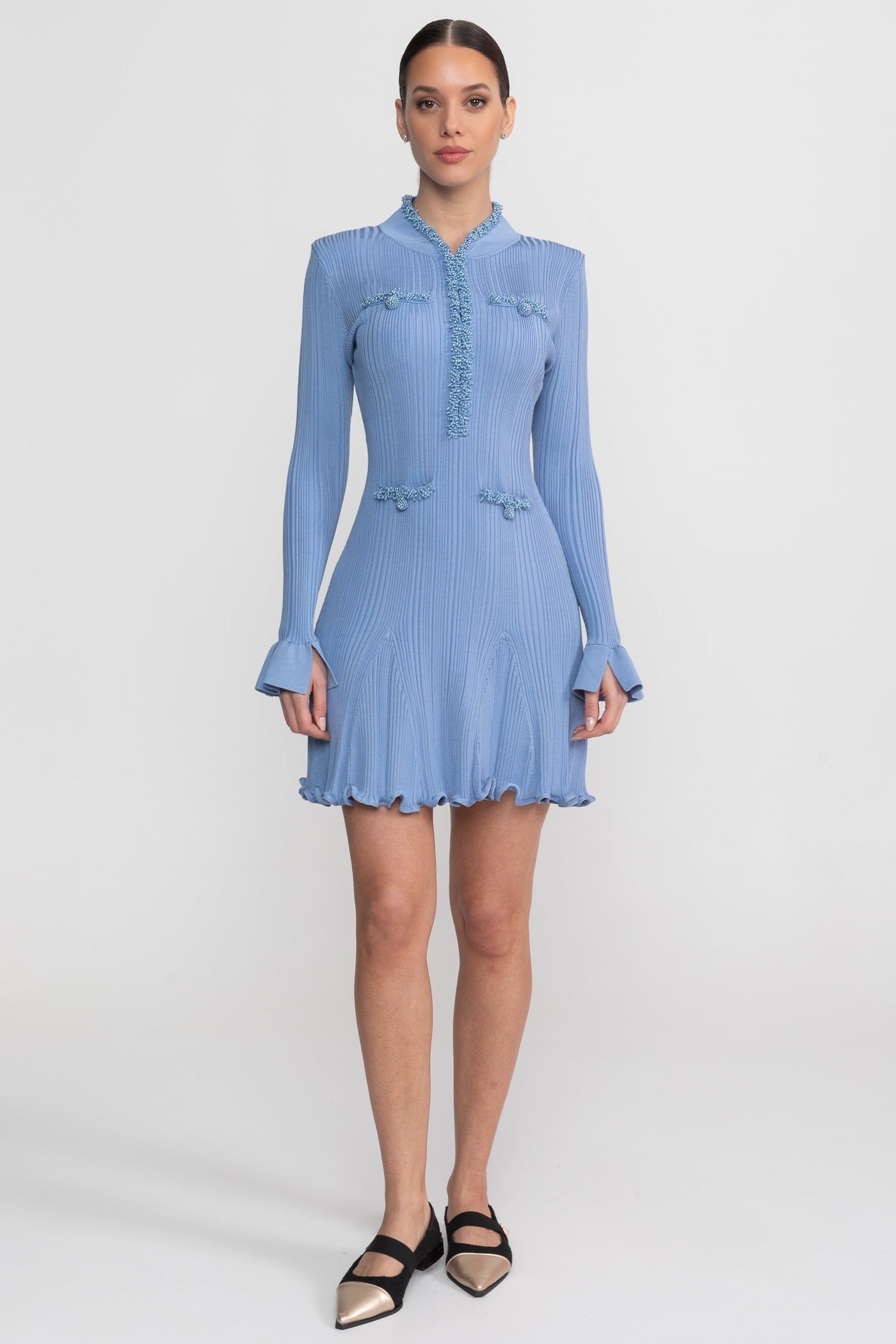 Ribbed Knit Mini Dress With Beaded Trim Detailing - Blue - ICYBOO