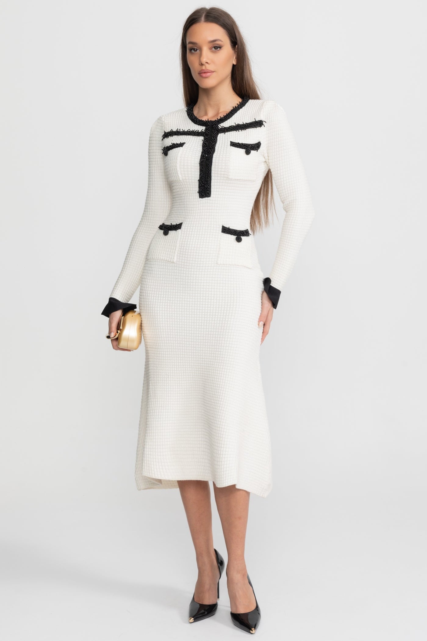Textured Midi Dress with Contrast Embroidered Trim – Ivoire - ICYBOO