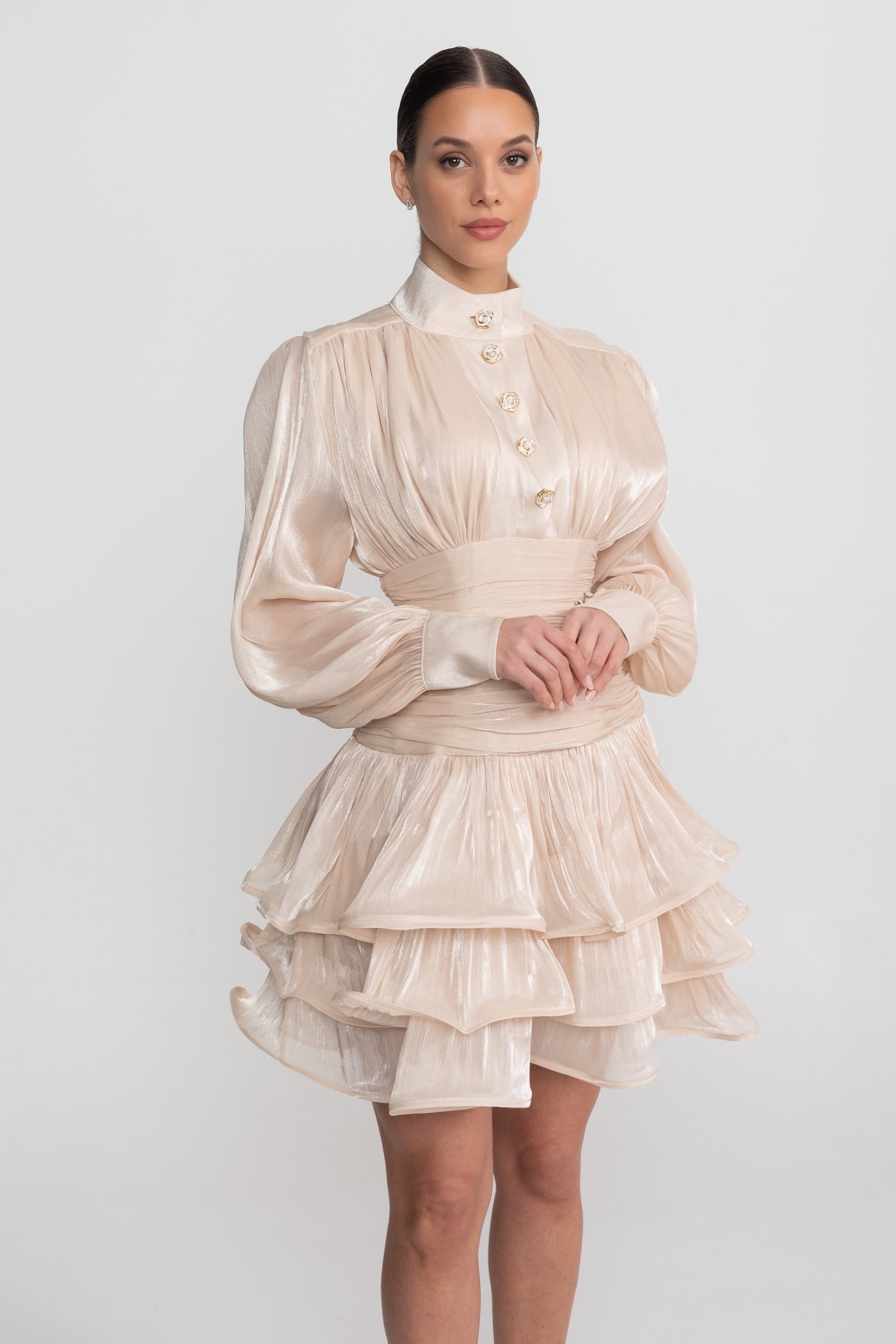 Draped Long Sleeve Mini Dress With Tiered Ruffle Skirt - Champagne - ICYBOO