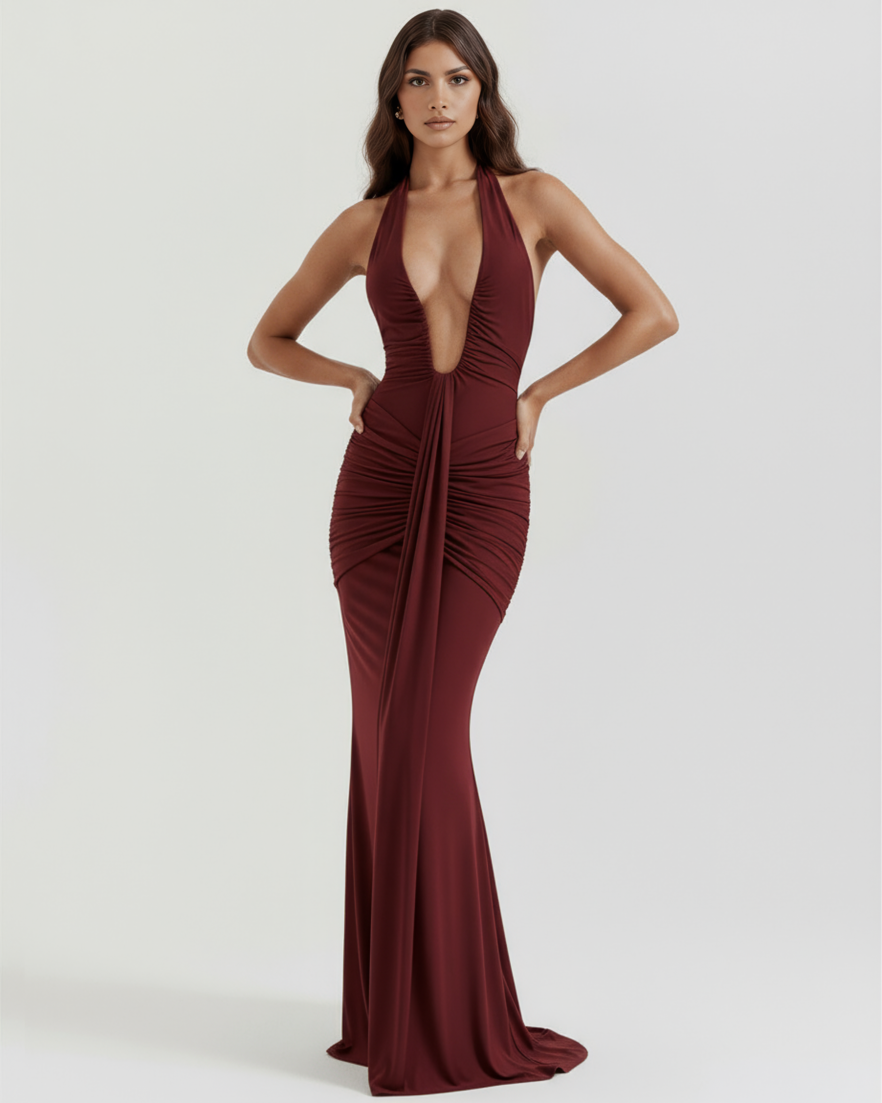 Maxi Dress | Burgundy Halter Neck, Ruched Details, Glamorous Events ICYBOO