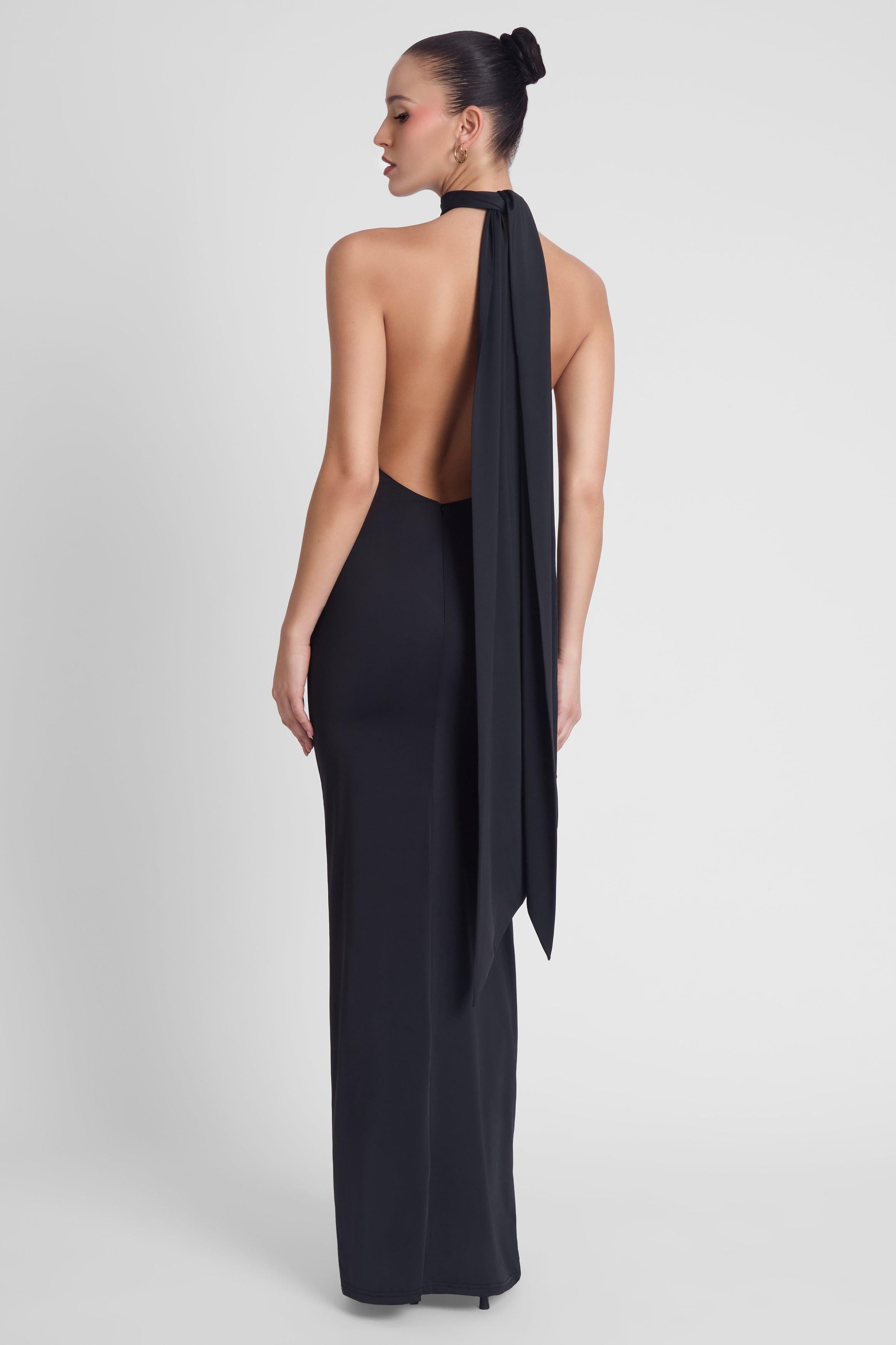Alaia Black Maxi Dress with Draped Design ICYBOO