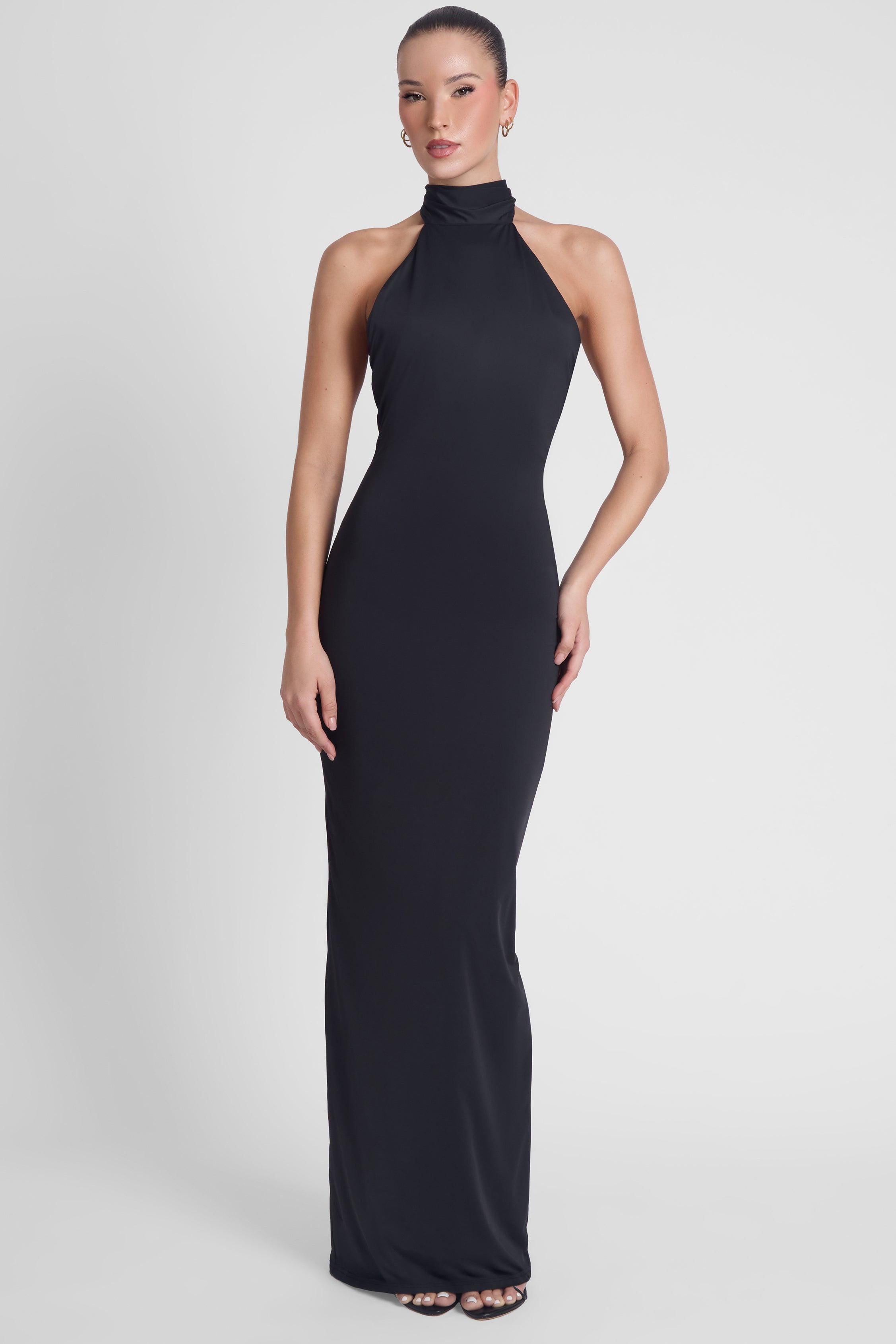 Alaia Black Maxi Dress with Draped Design ICYBOO