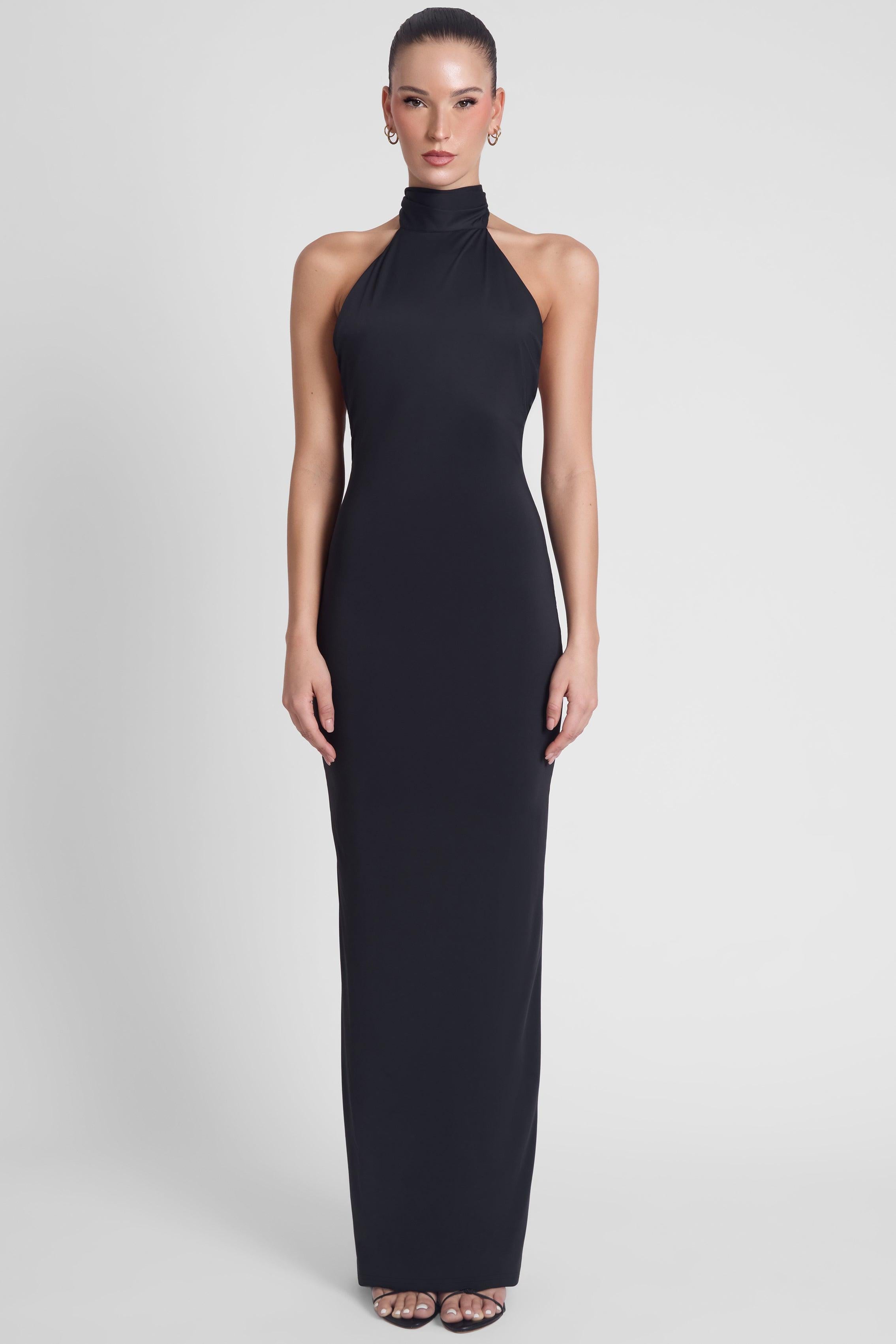 Alaia Black Maxi Dress with Draped Design ICYBOO