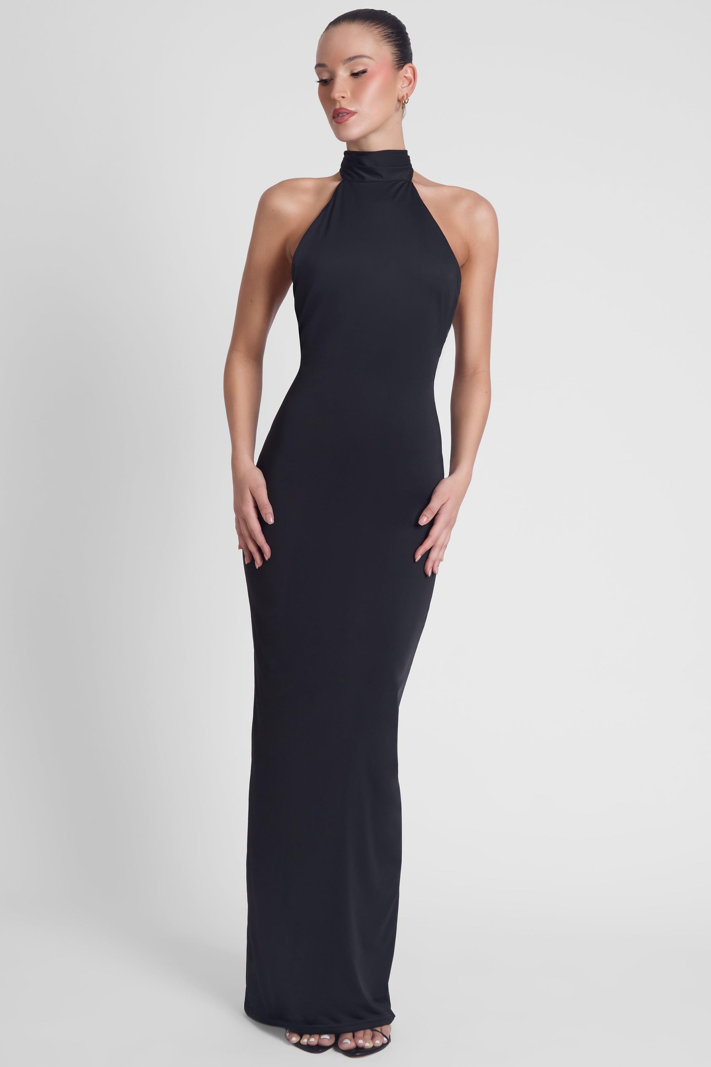Alaia Black Maxi Dress with Draped Design ICYBOO
