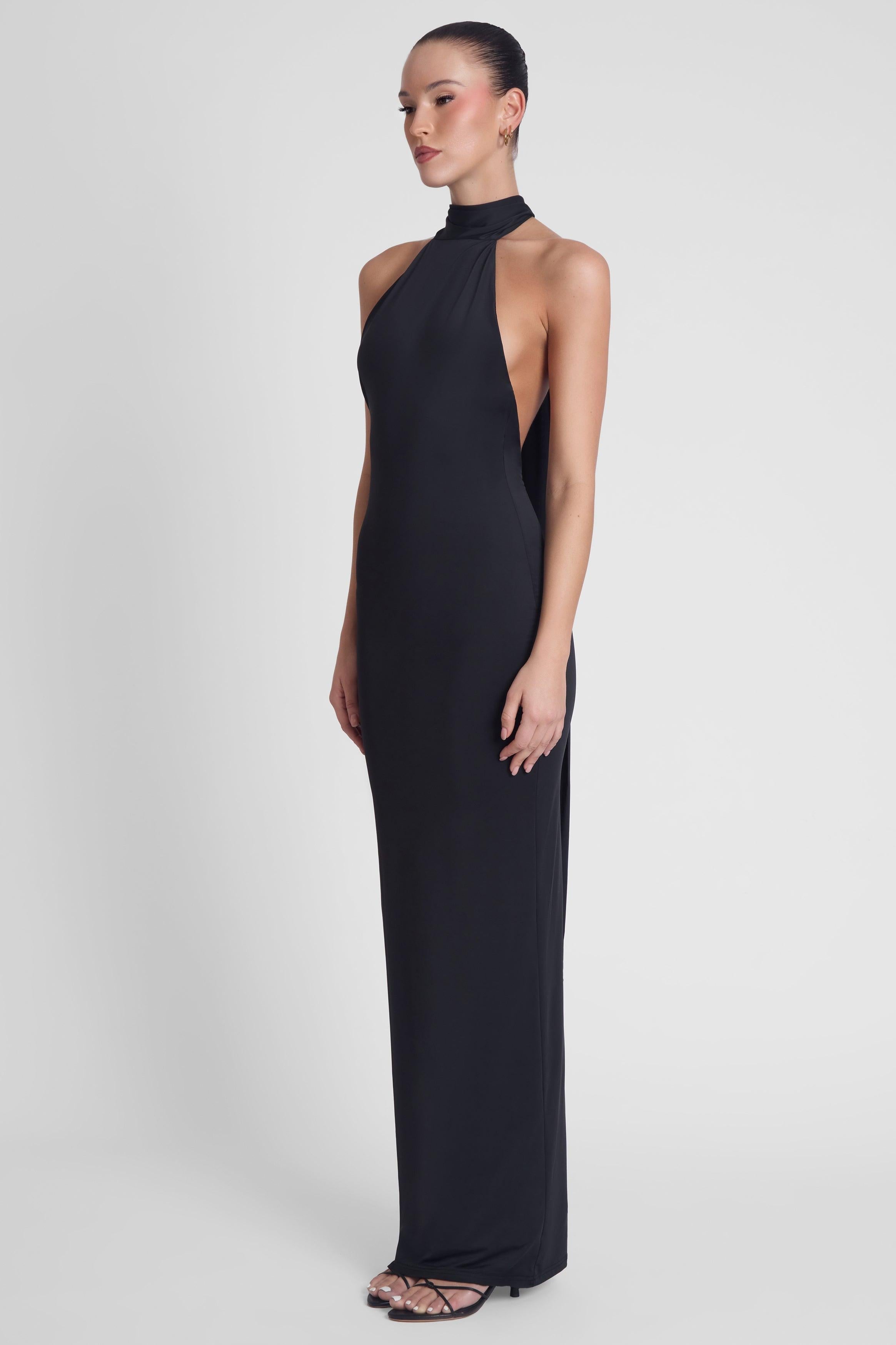 Alaia Black Maxi Dress with Draped Design ICYBOO