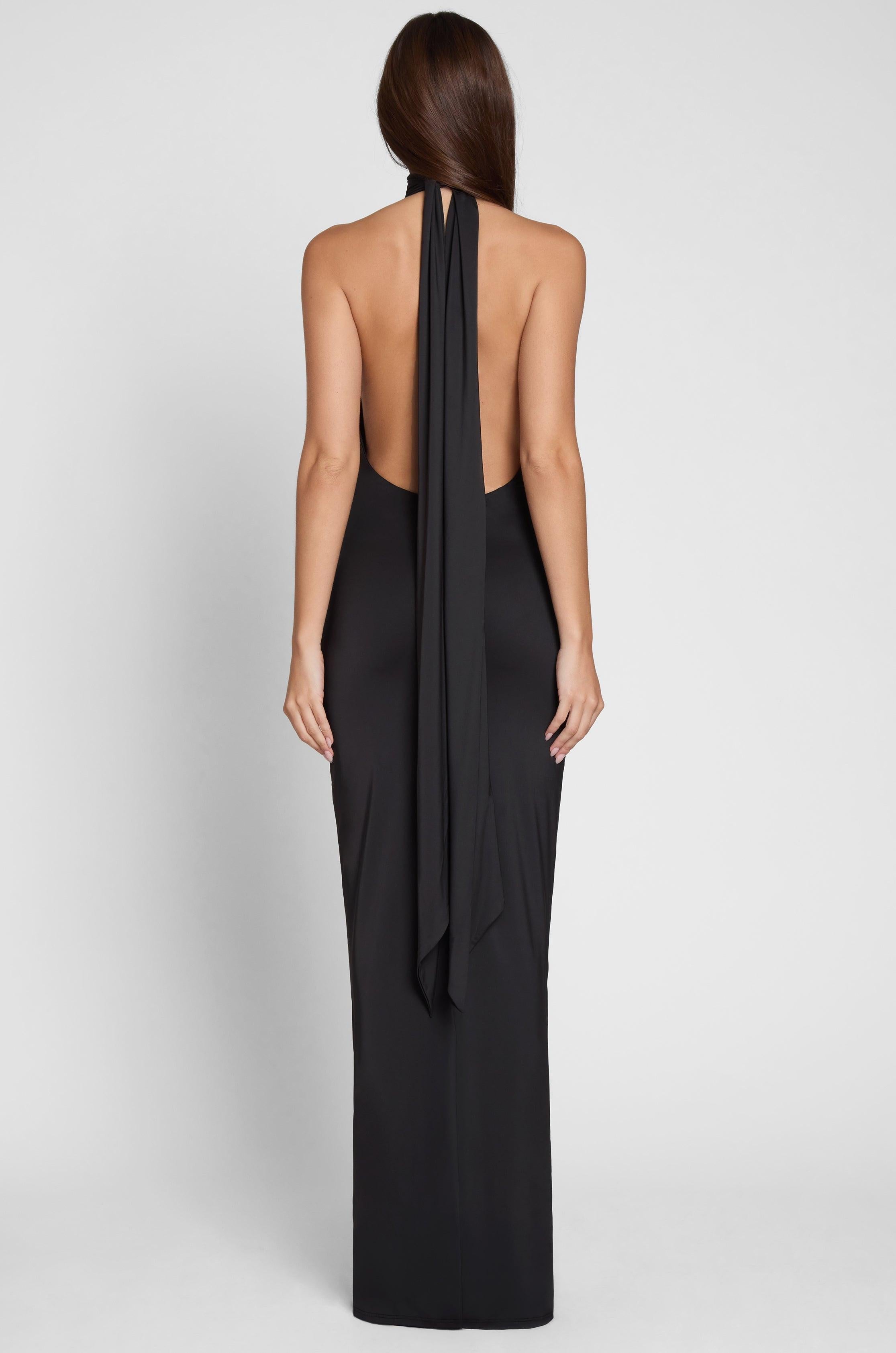 Alaia Black Maxi Dress with Draped Design ICYBOO