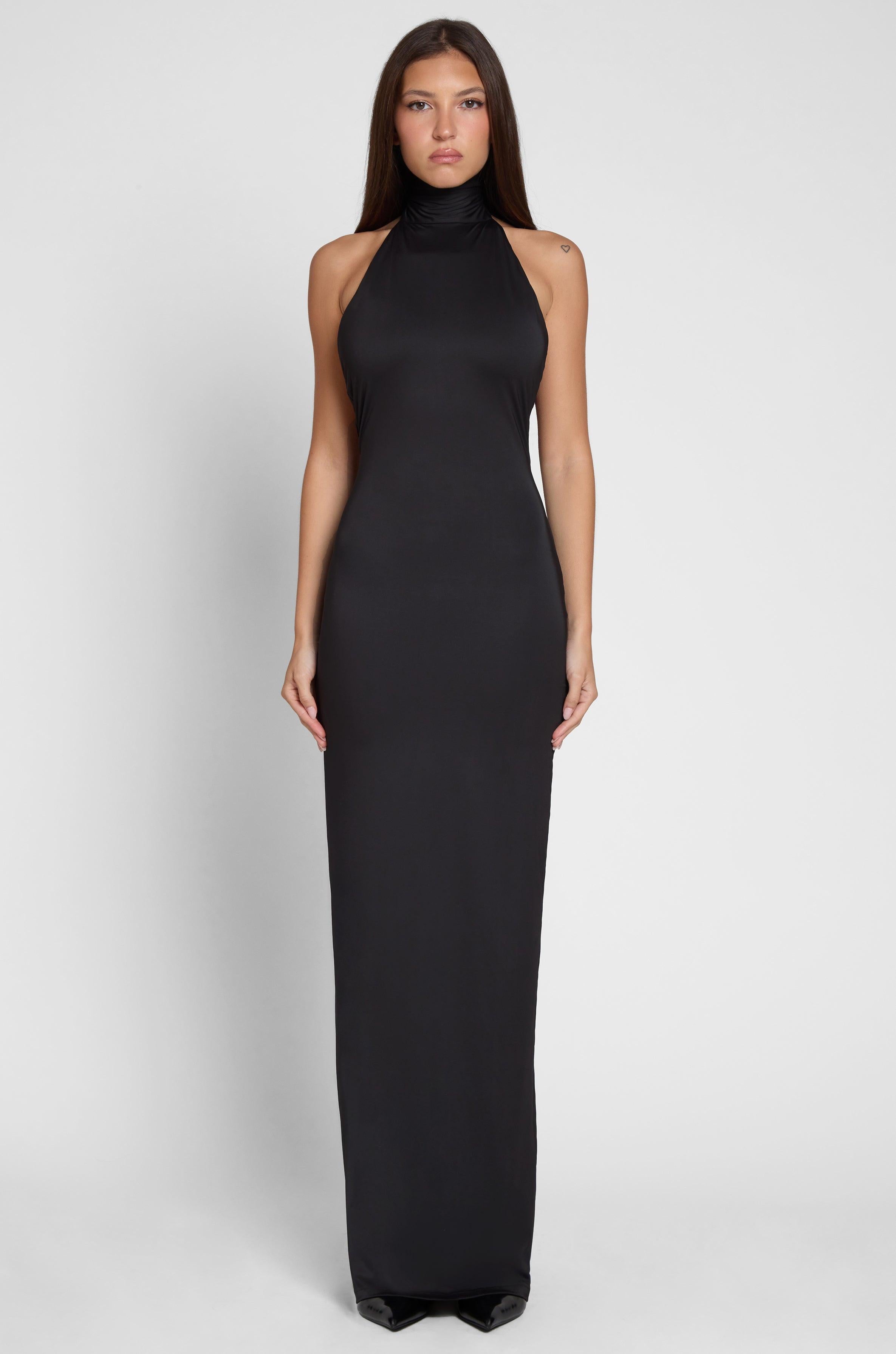 Alaia Black Maxi Dress with Draped Design ICYBOO