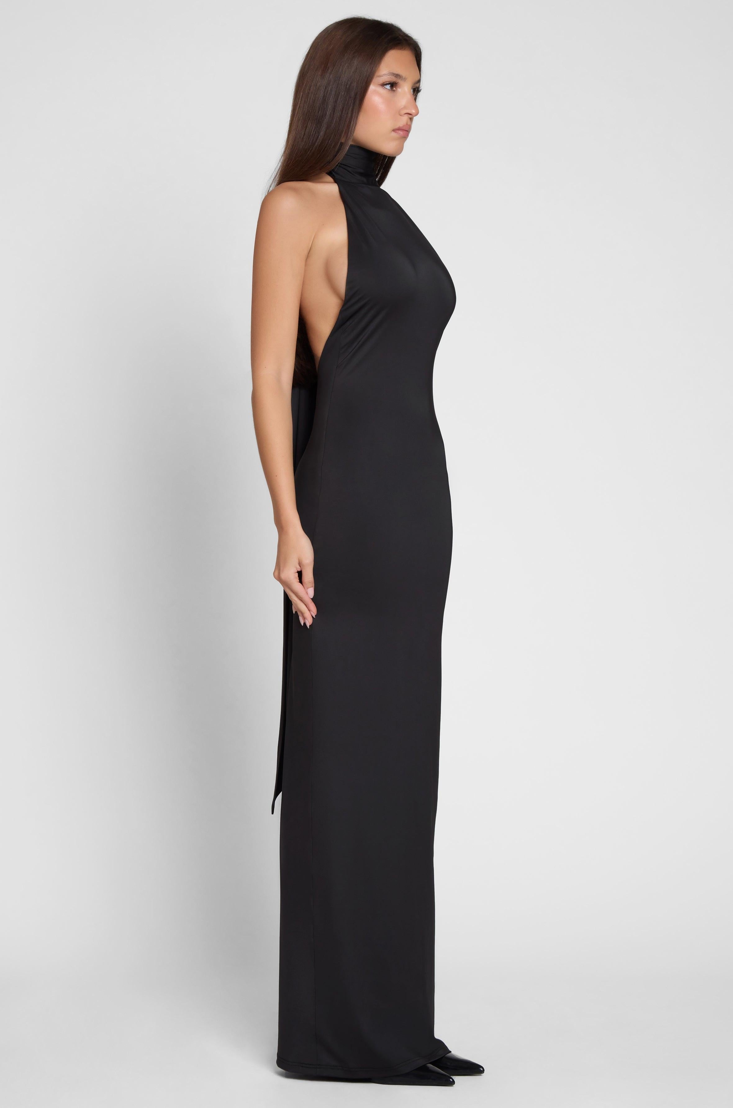 Alaia Black Maxi Dress with Draped Design ICYBOO