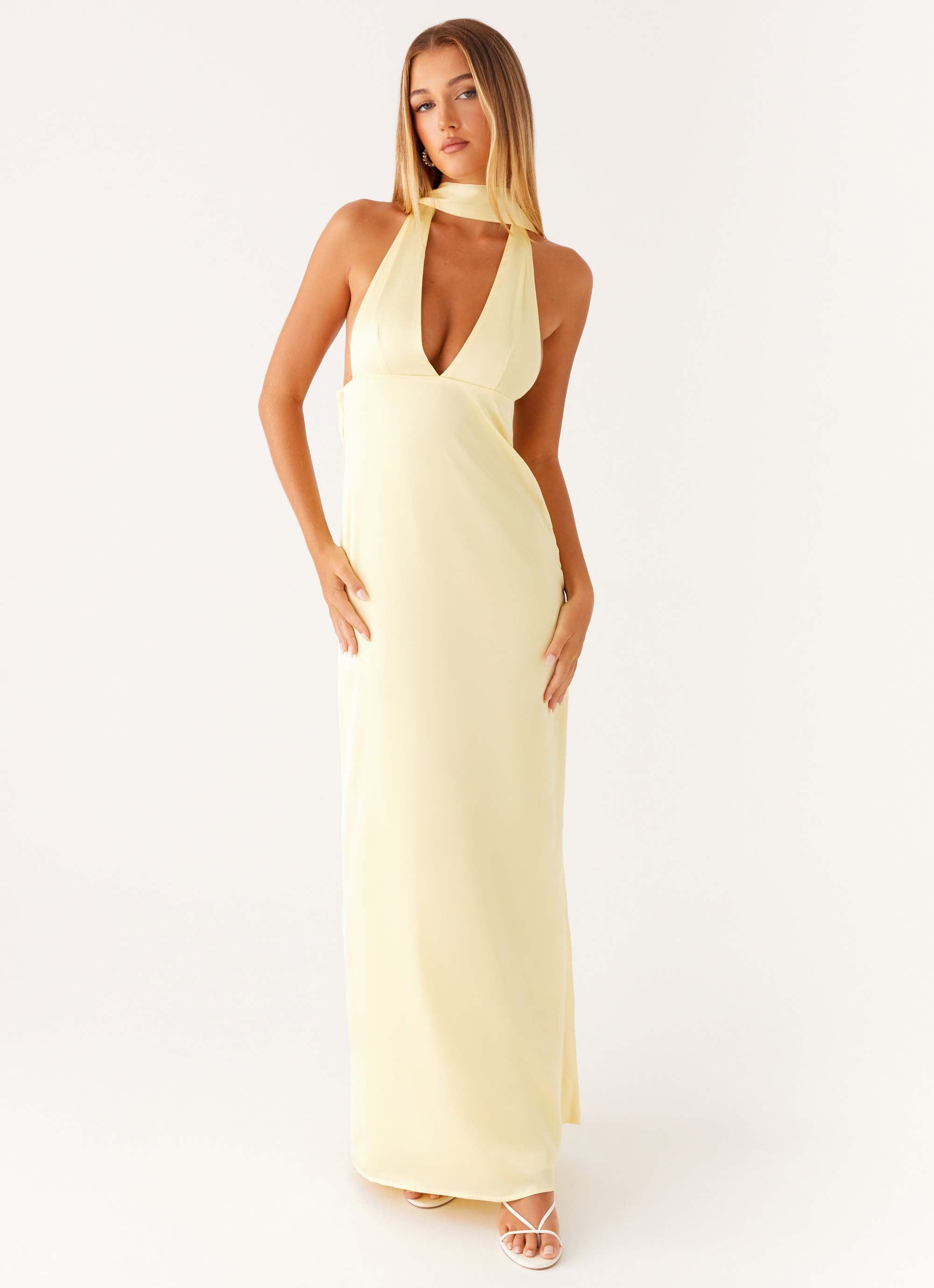Alicia Maxi Dress - Yellow Satin Halter - ICYBOO