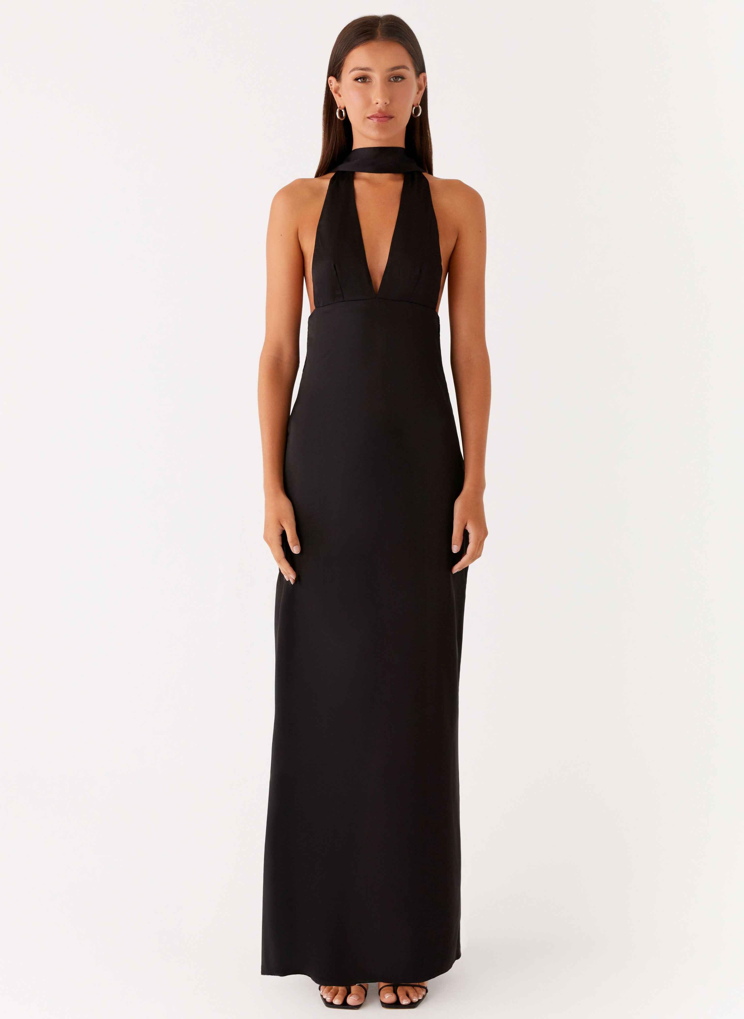 Alicia Satin Halter Maxi Dress - Black