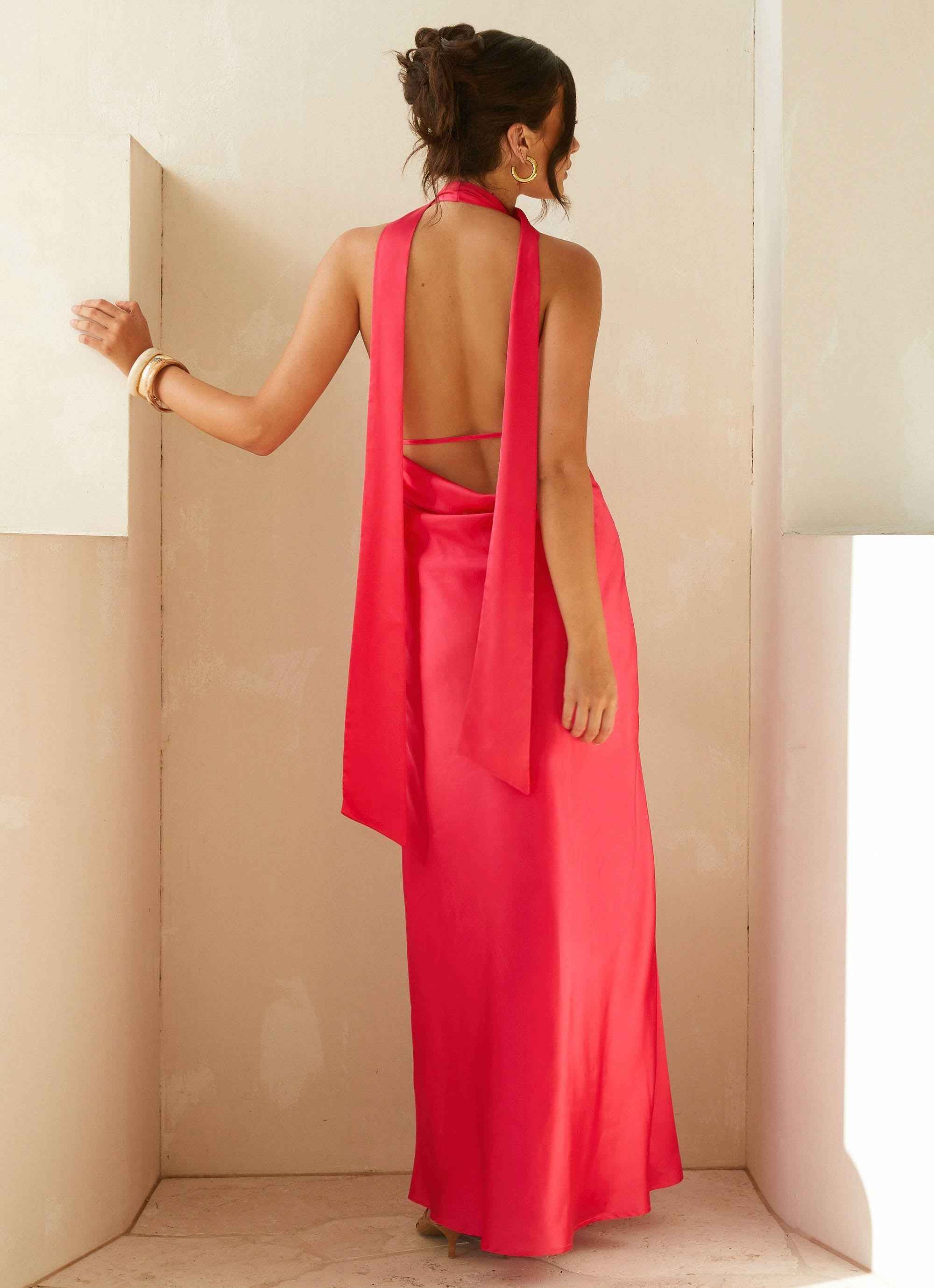 Alicia Satin Halter Maxi Dress - Fuchsia