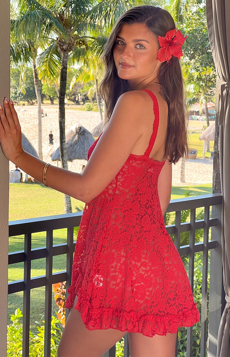 All Mine Lace Sheer Mini Party Dress - Red - ICYBOO