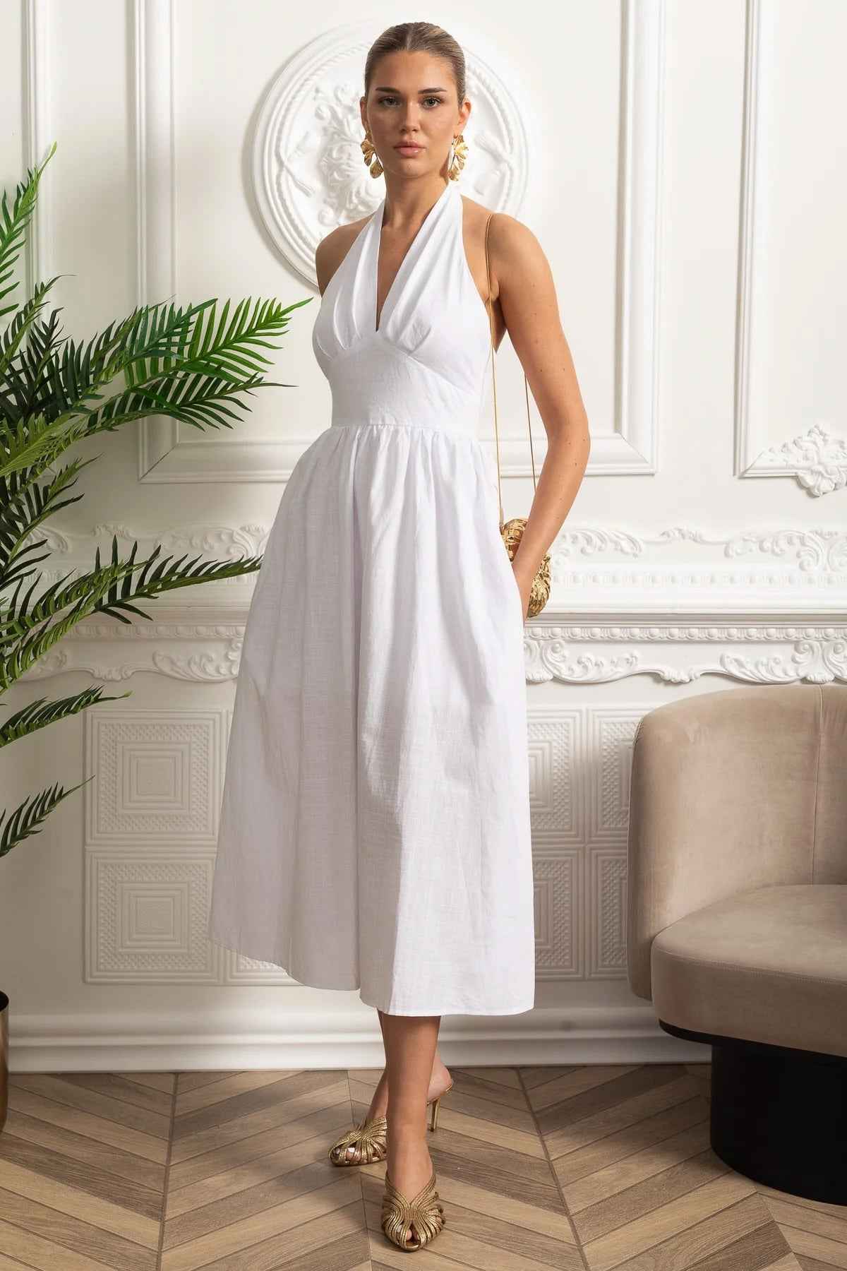 Halterneck Midi Dress With A-line Gathered Skirt - White