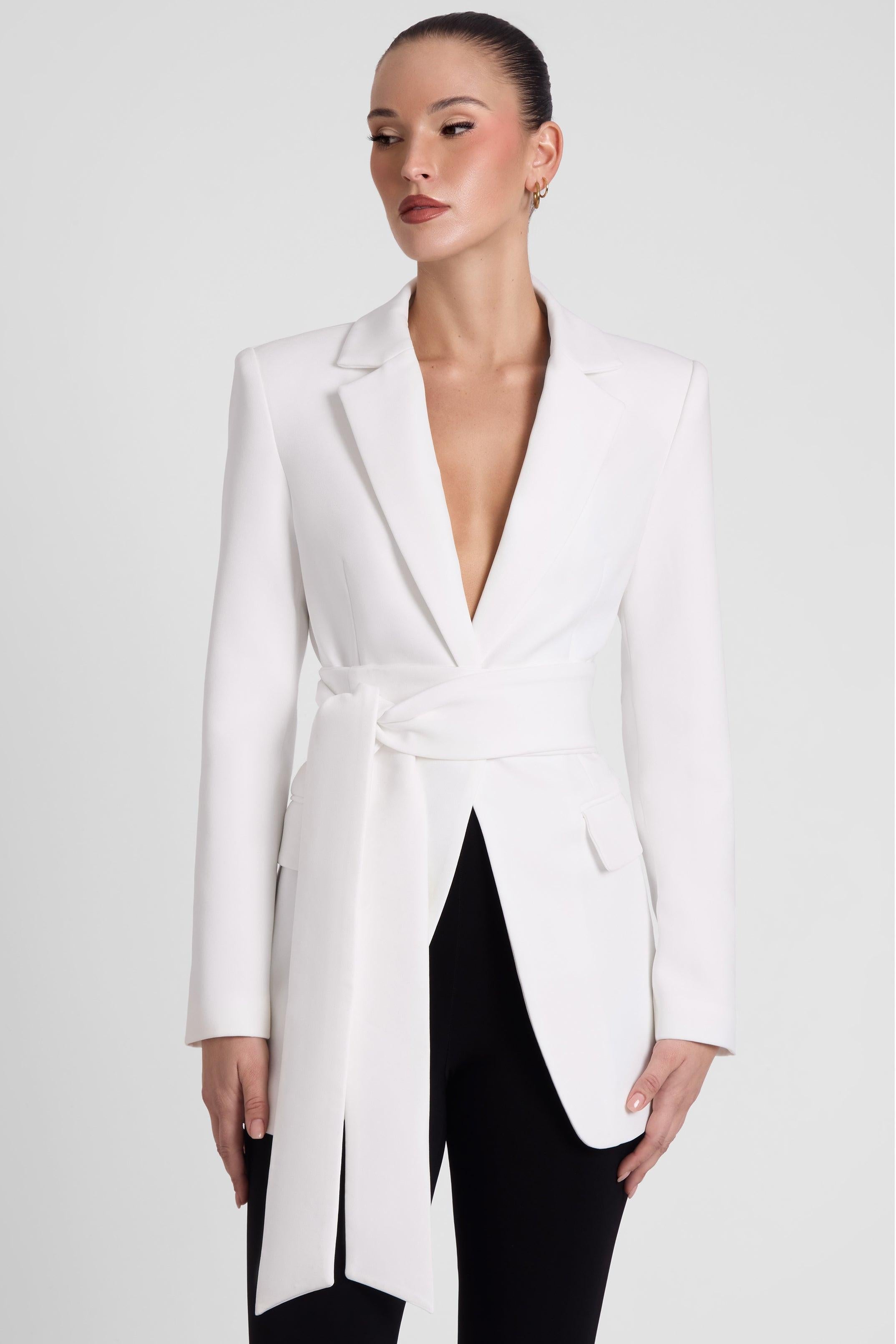 White Classic Column Tailored Blazer with Belt ICYBOO