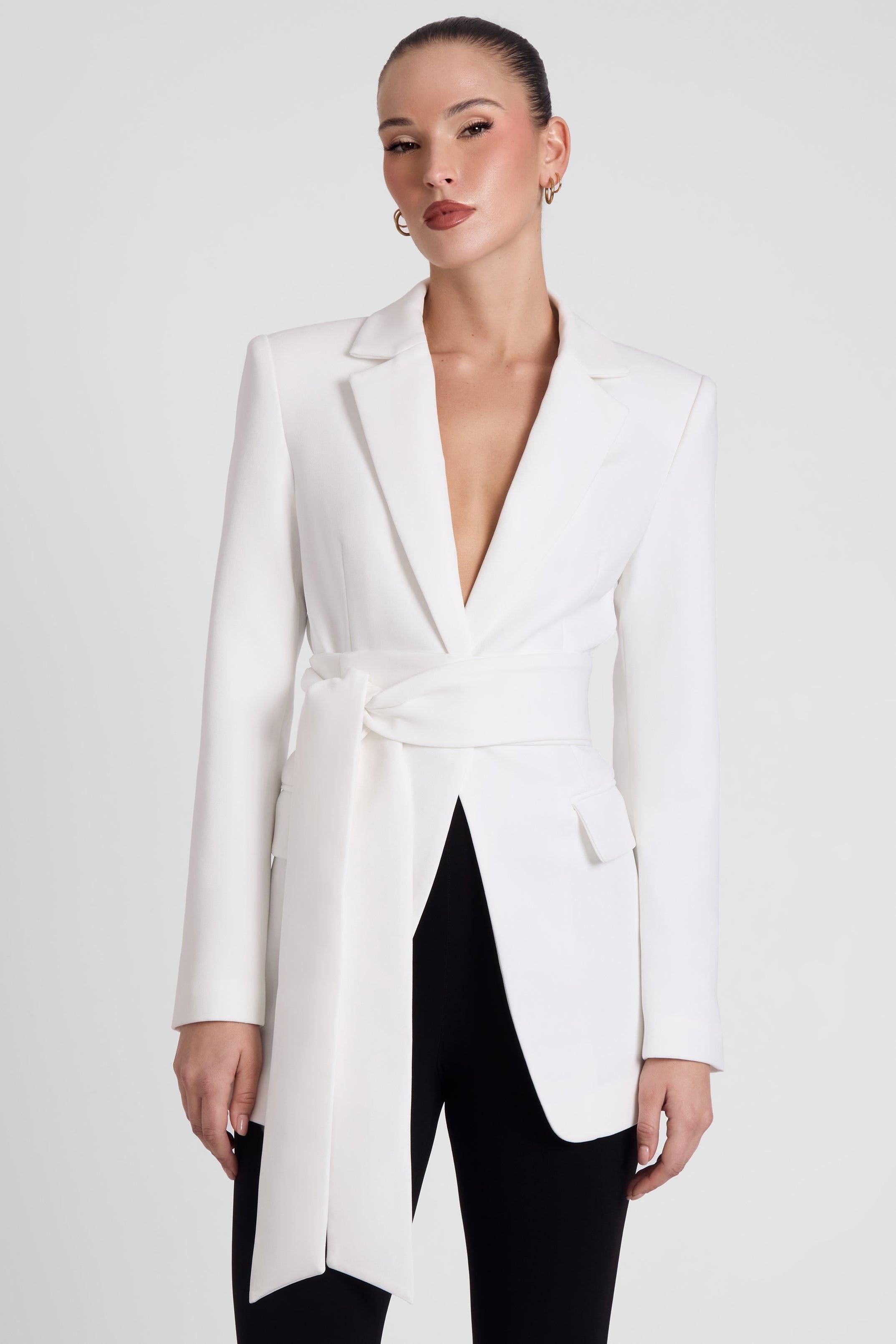White Classic Column Tailored Blazer with Belt ICYBOO