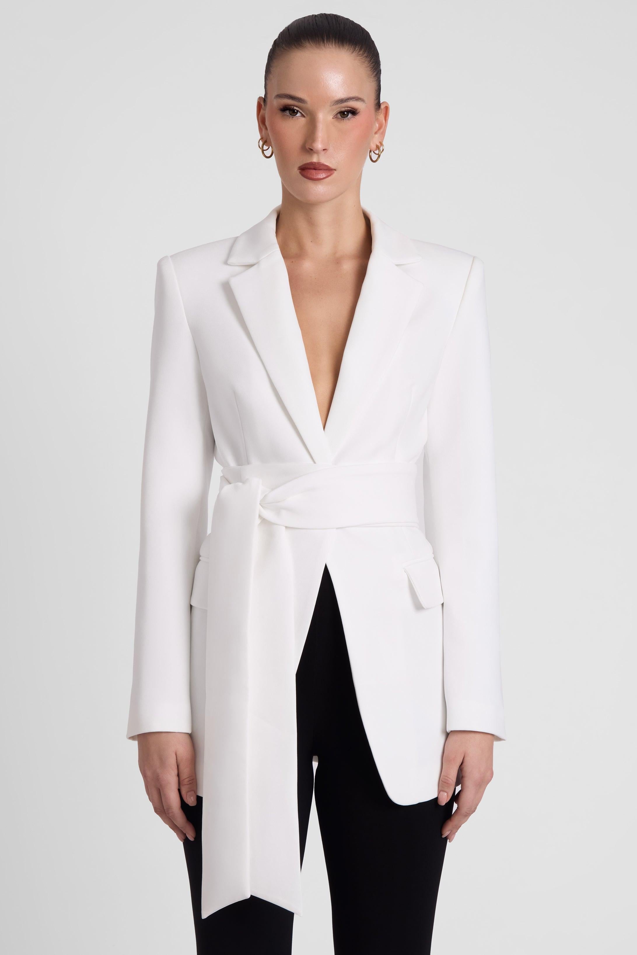 White Classic Column Tailored Blazer with Belt ICYBOO
