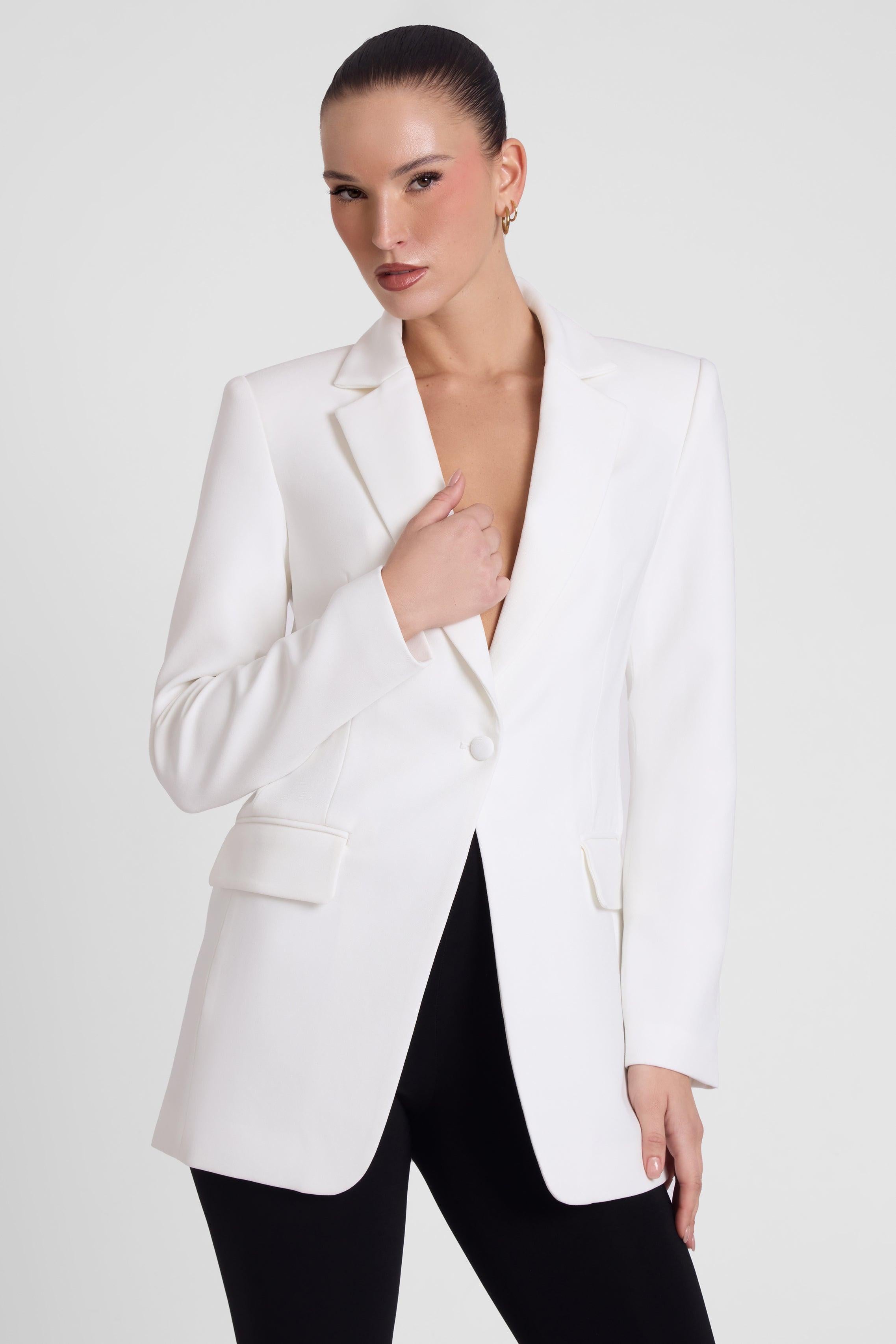 White Classic Column Tailored Blazer with Belt ICYBOO