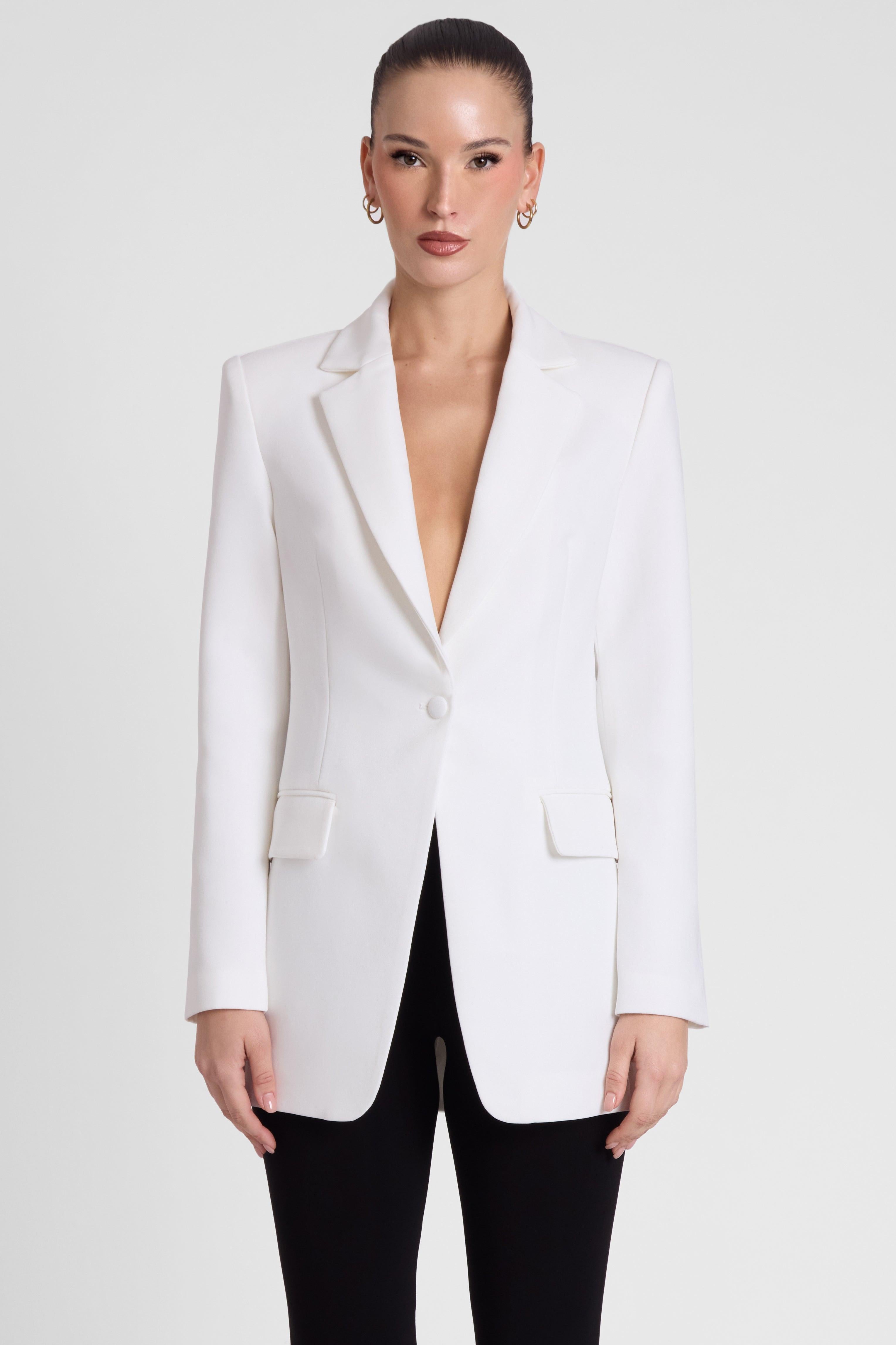 White Classic Column Tailored Blazer with Belt ICYBOO