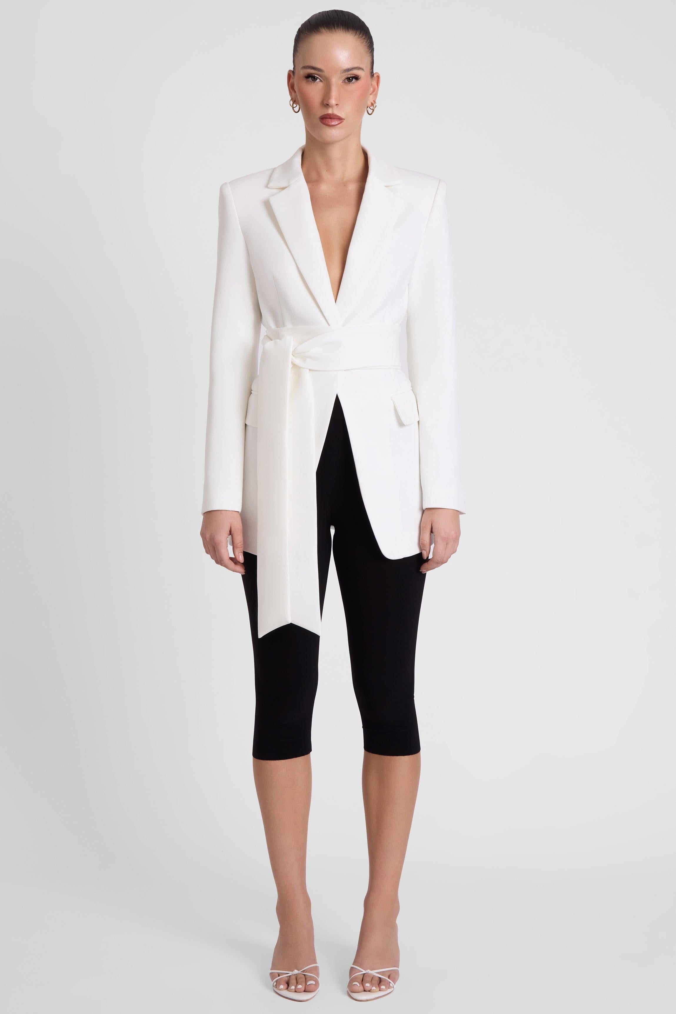 White Classic Column Tailored Blazer with Belt ICYBOO