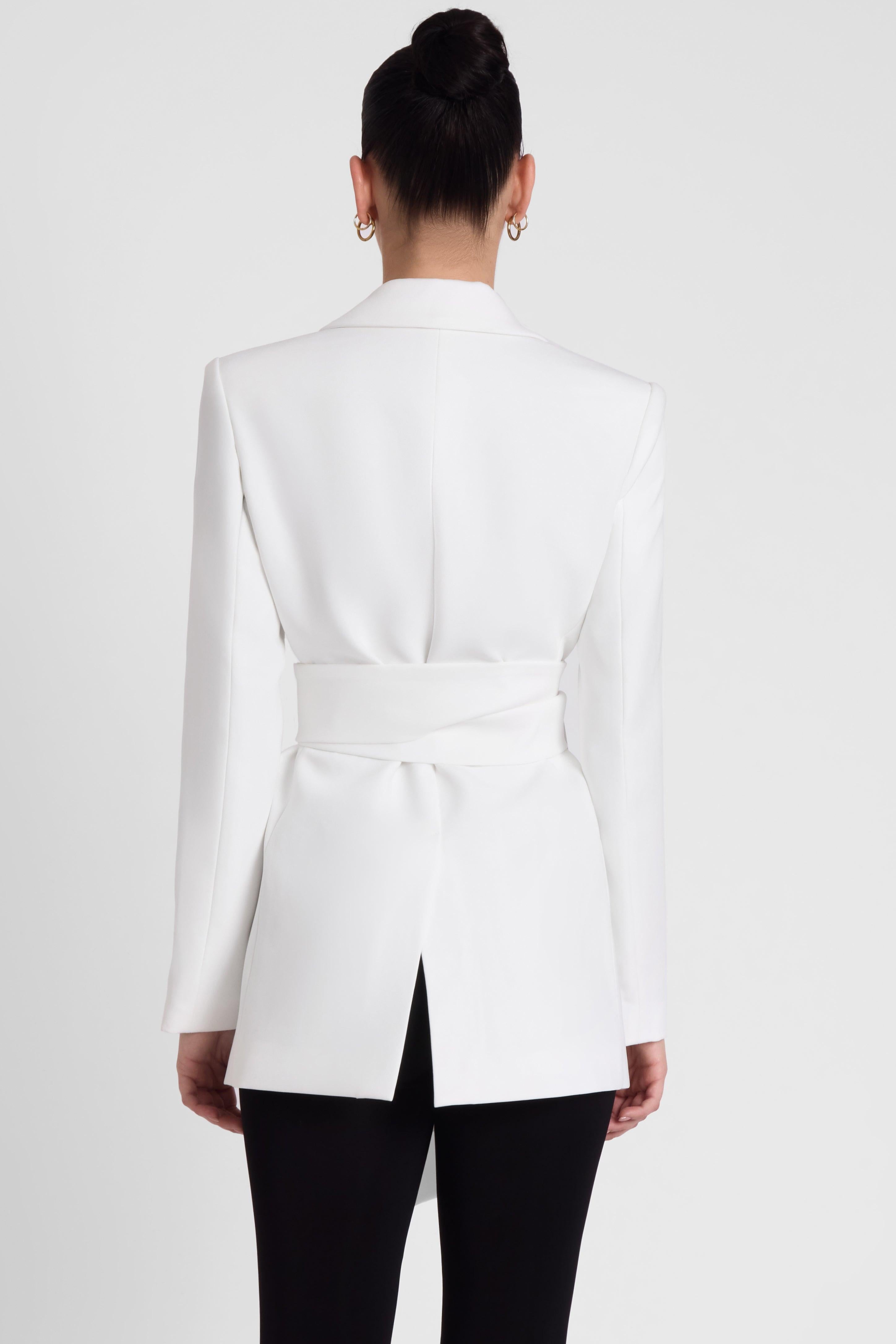 White Classic Column Tailored Blazer with Belt ICYBOO