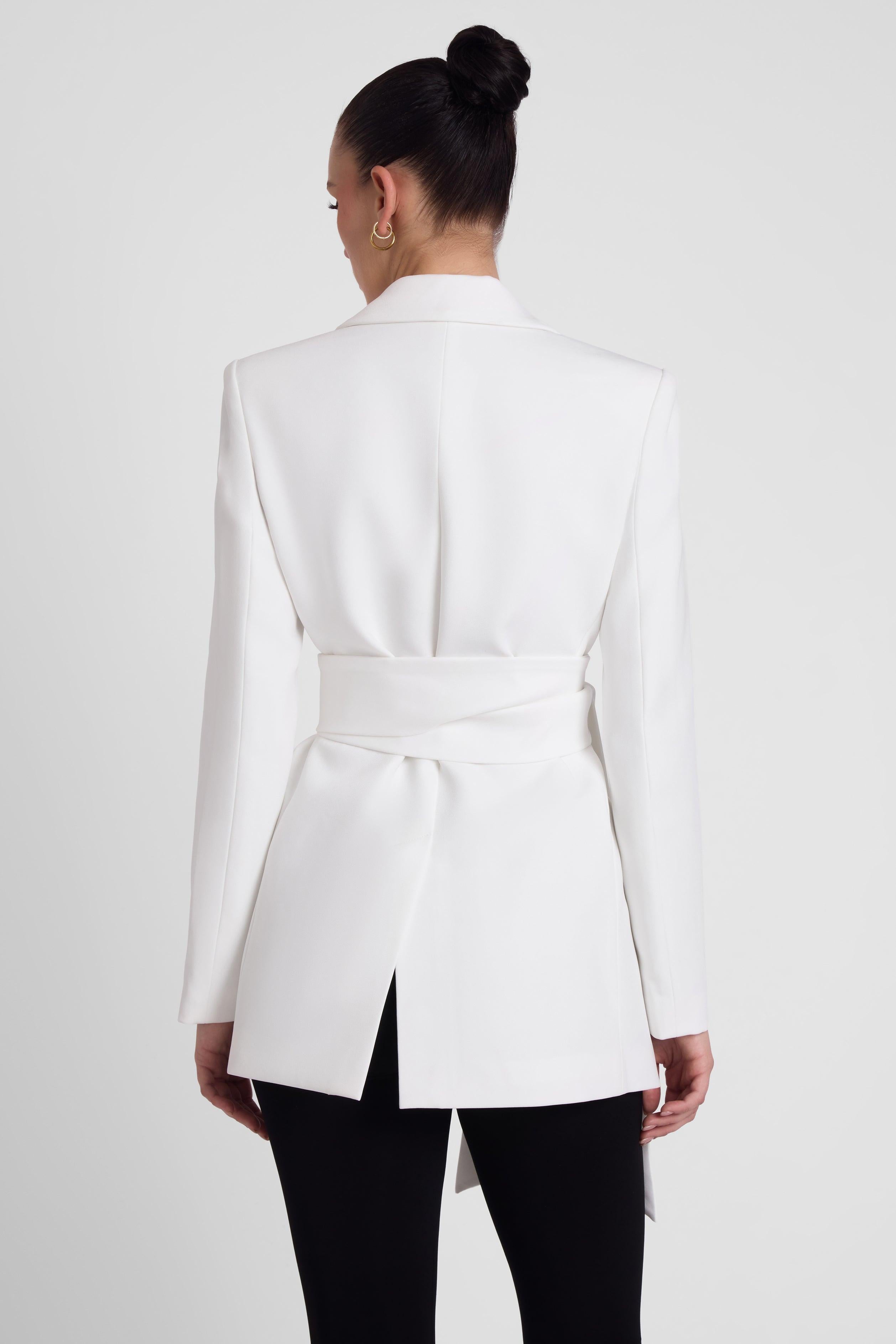 White Classic Column Tailored Blazer with Belt ICYBOO