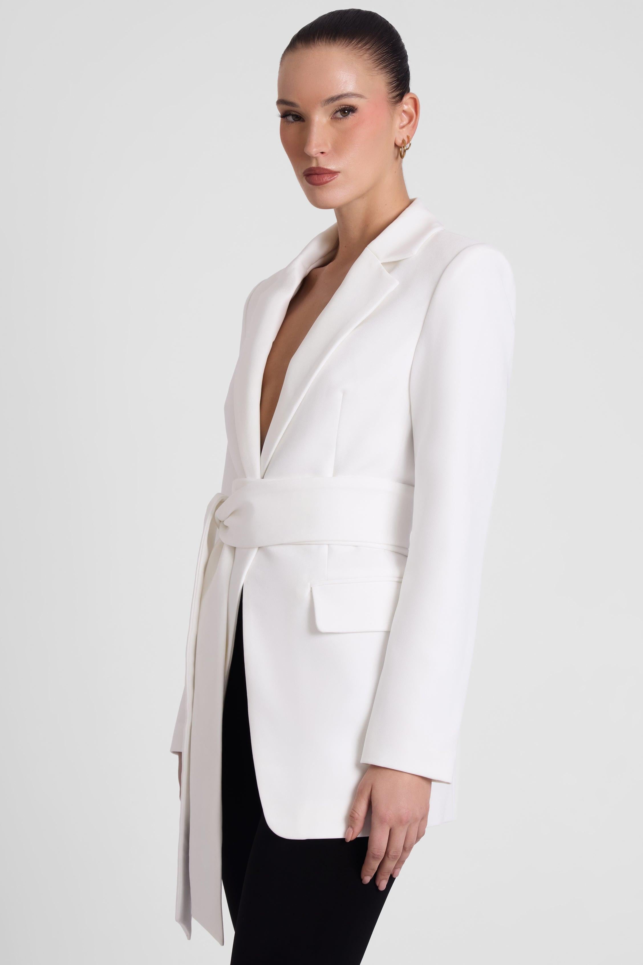 White Classic Column Tailored Blazer with Belt ICYBOO