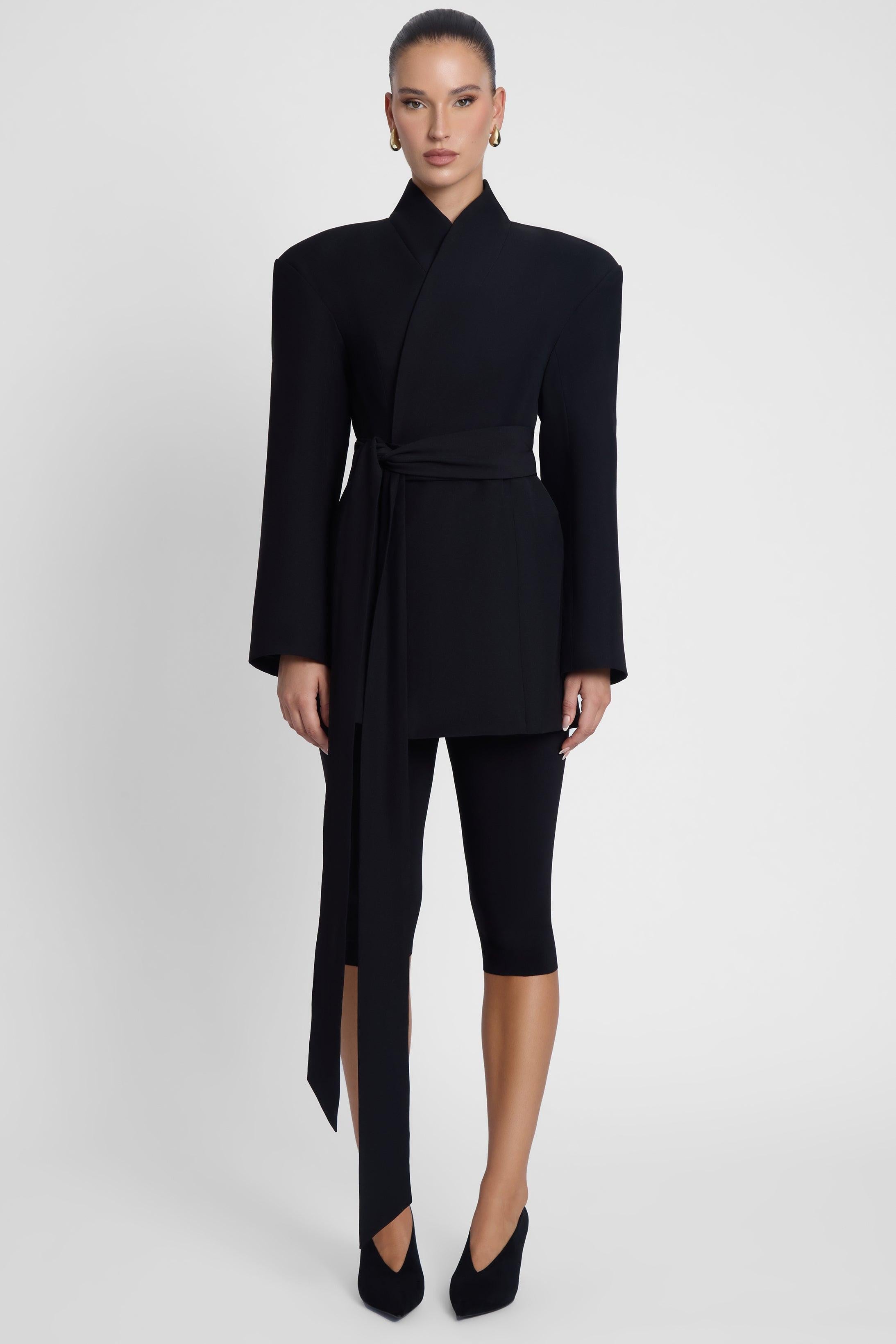 Black Cairo Belted Hourglass Coat ICYBOO