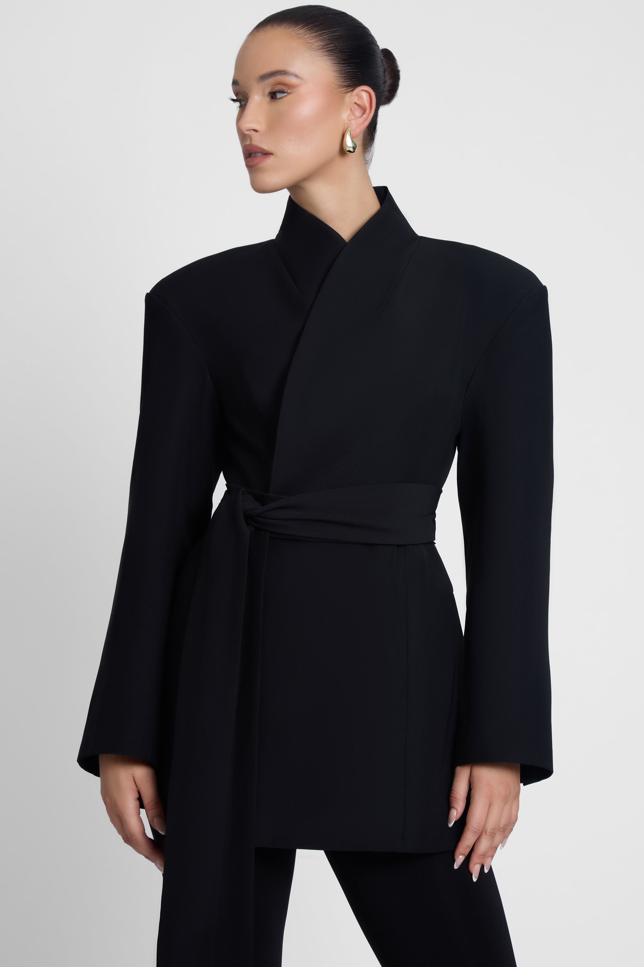 Black Cairo Belted Hourglass Coat ICYBOO