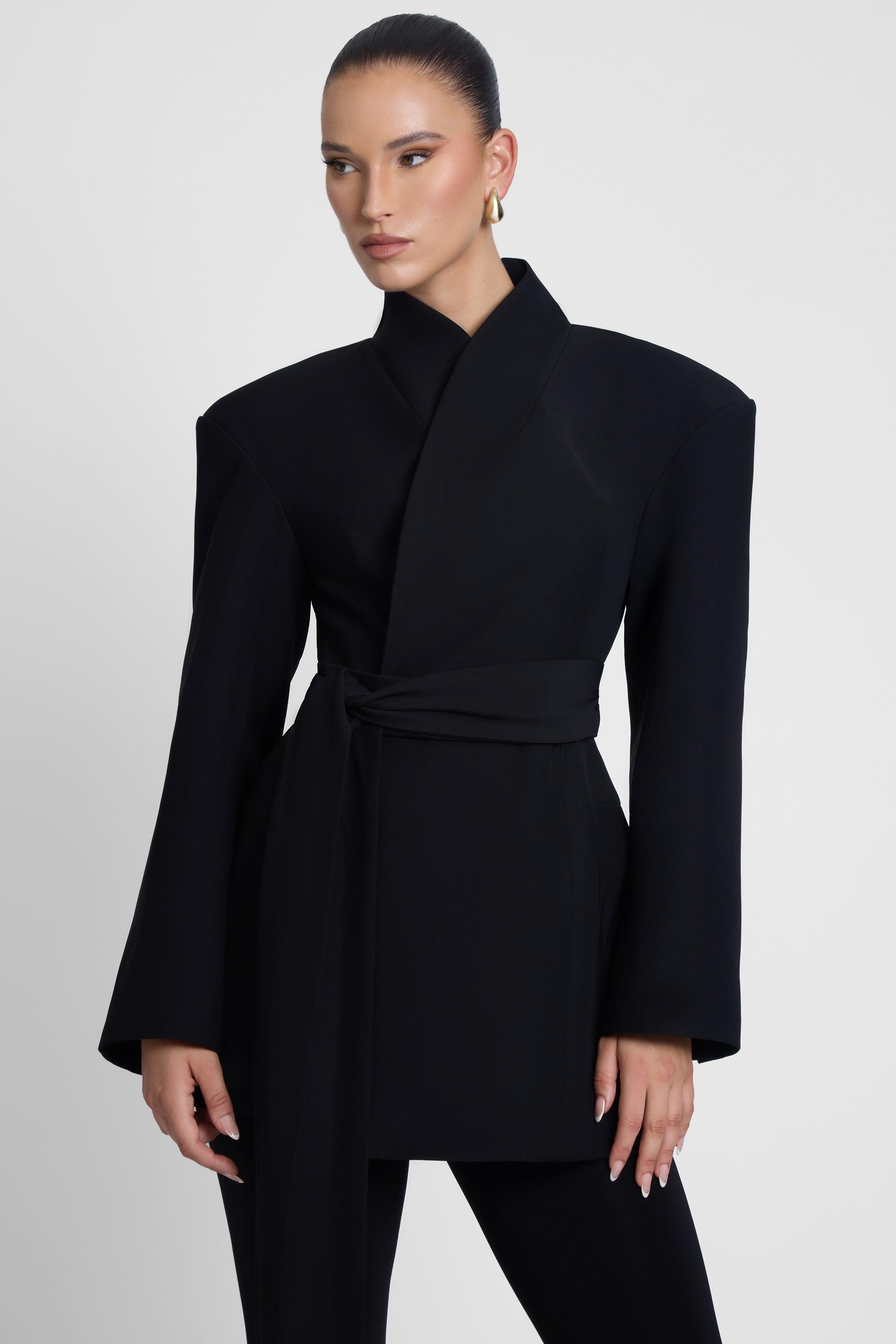 Black Cairo Belted Hourglass Coat ICYBOO