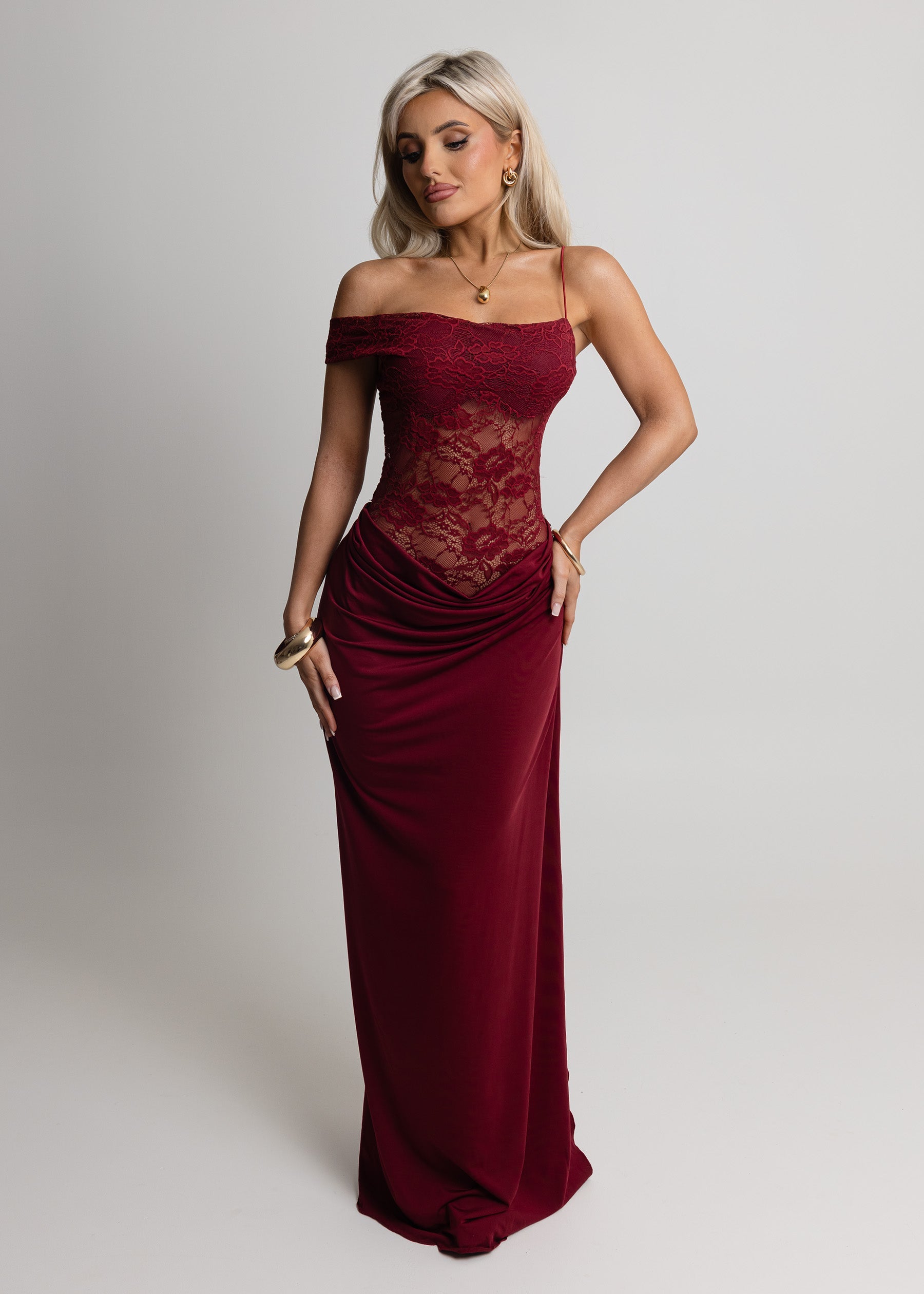 Captivated Heart Lace Maxi Dress - Burgundy ICYBOO