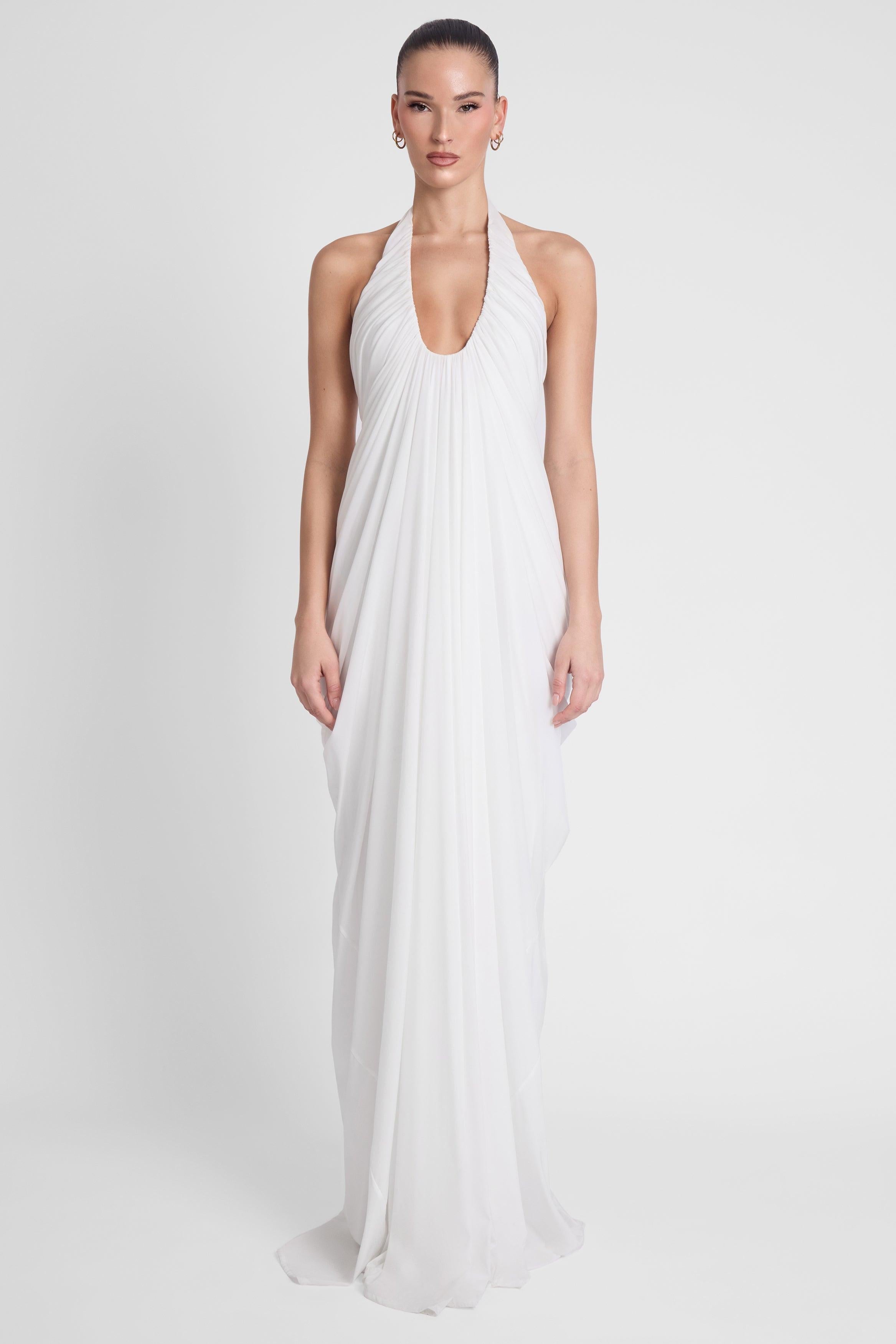 White Cascade Drape Evening Gown ICYBOO
