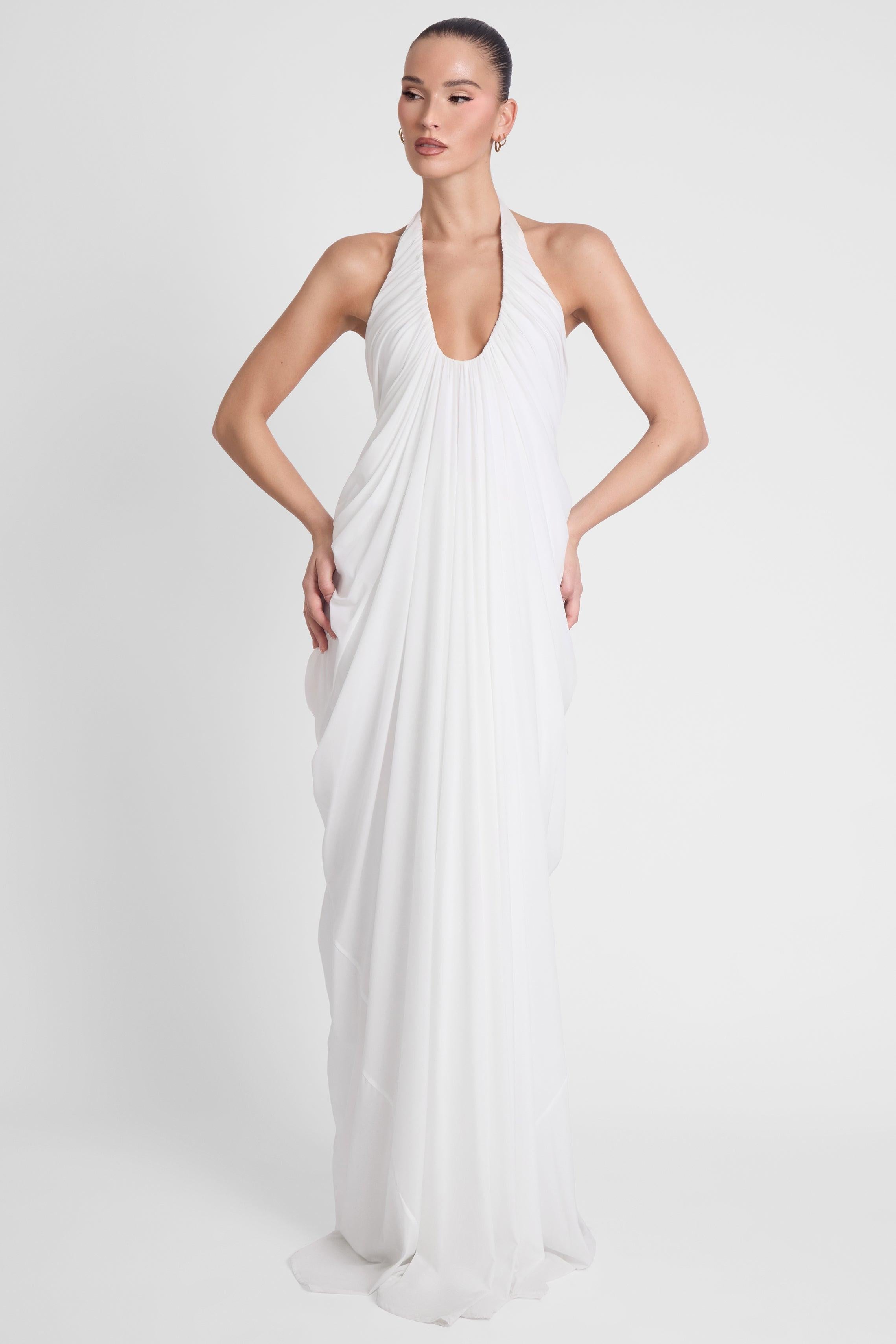 White Cascade Drape Evening Gown ICYBOO