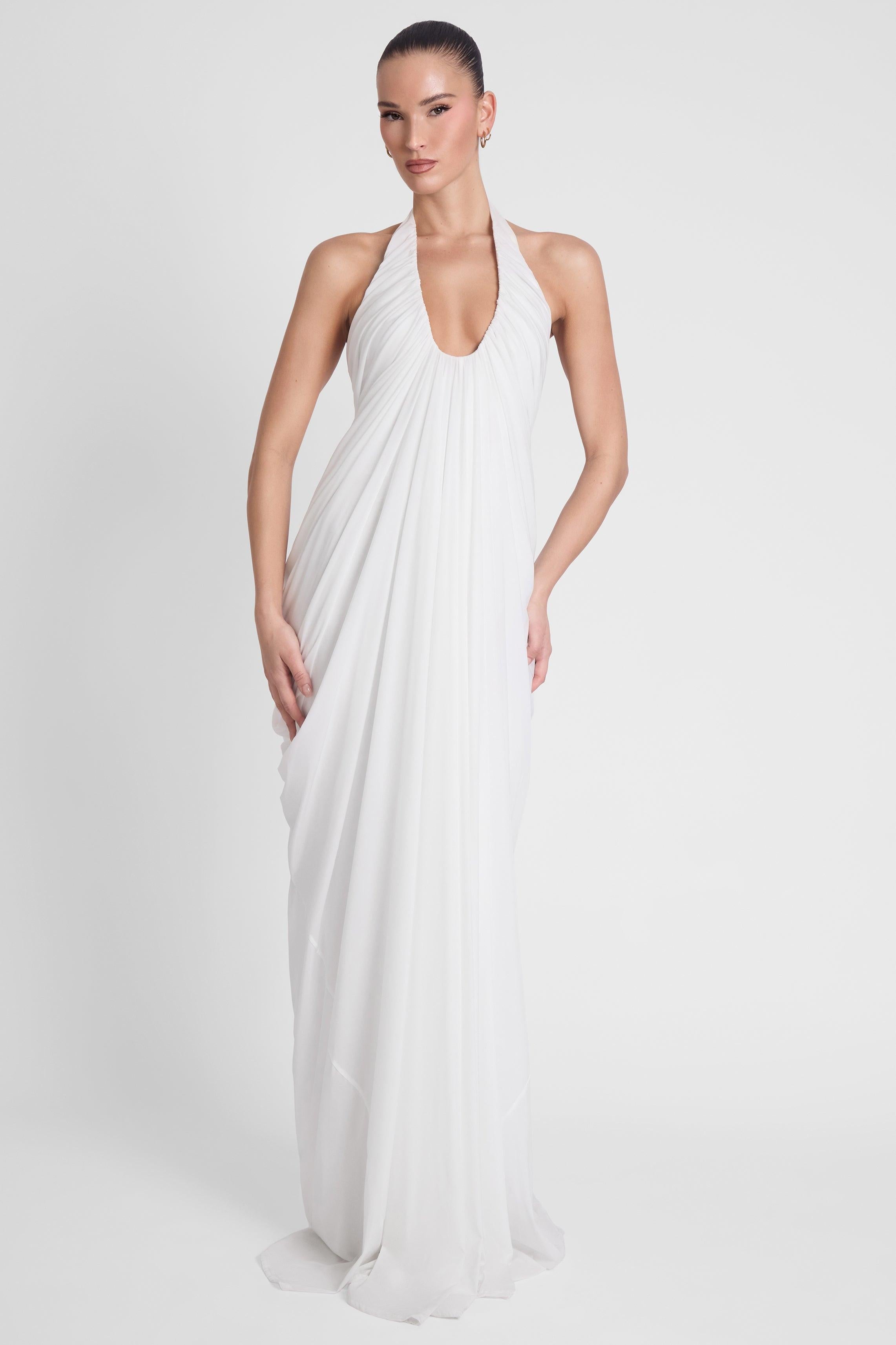 White Cascade Drape Evening Gown ICYBOO